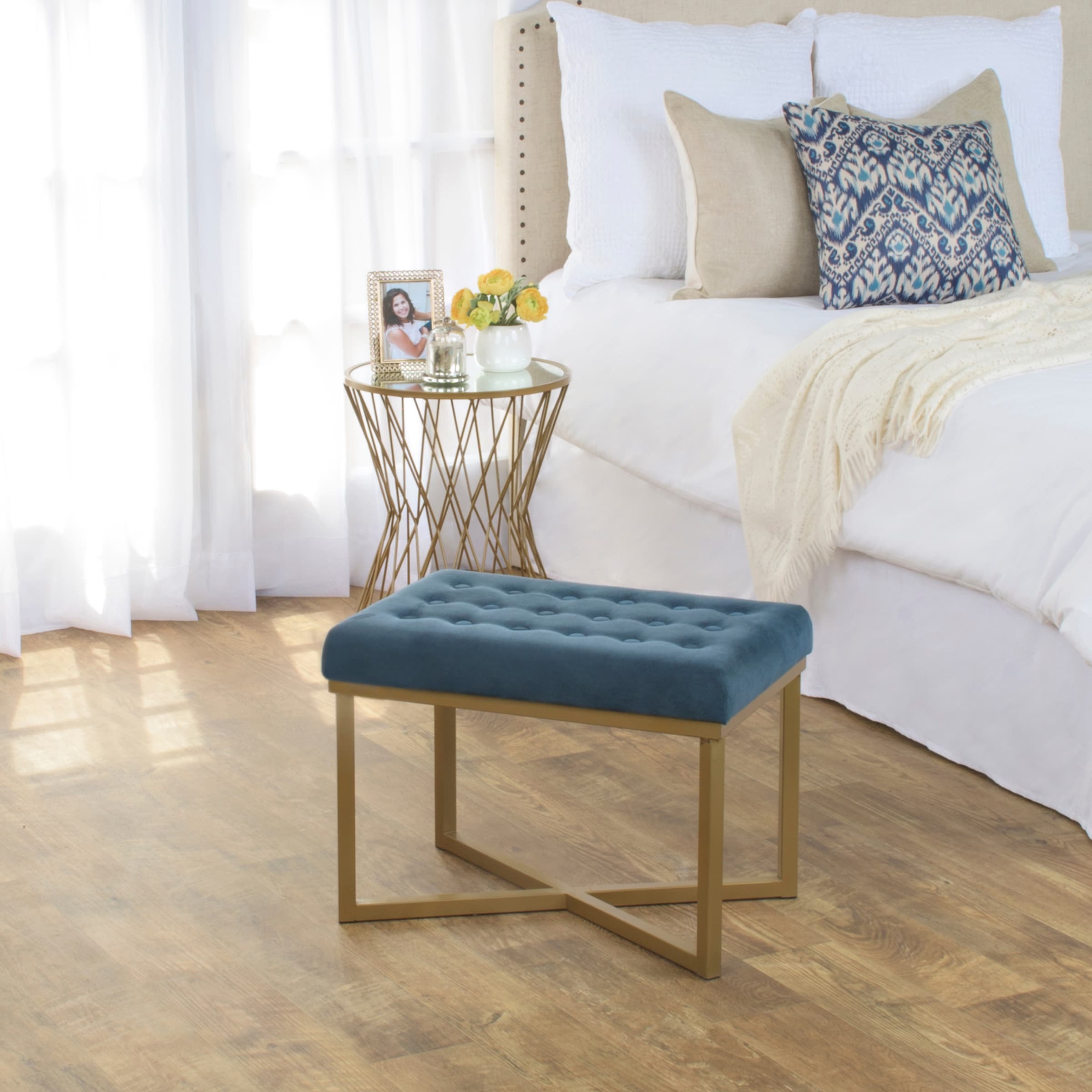 HomePop K6958-B123 Modern Blue Velvet Ottoman