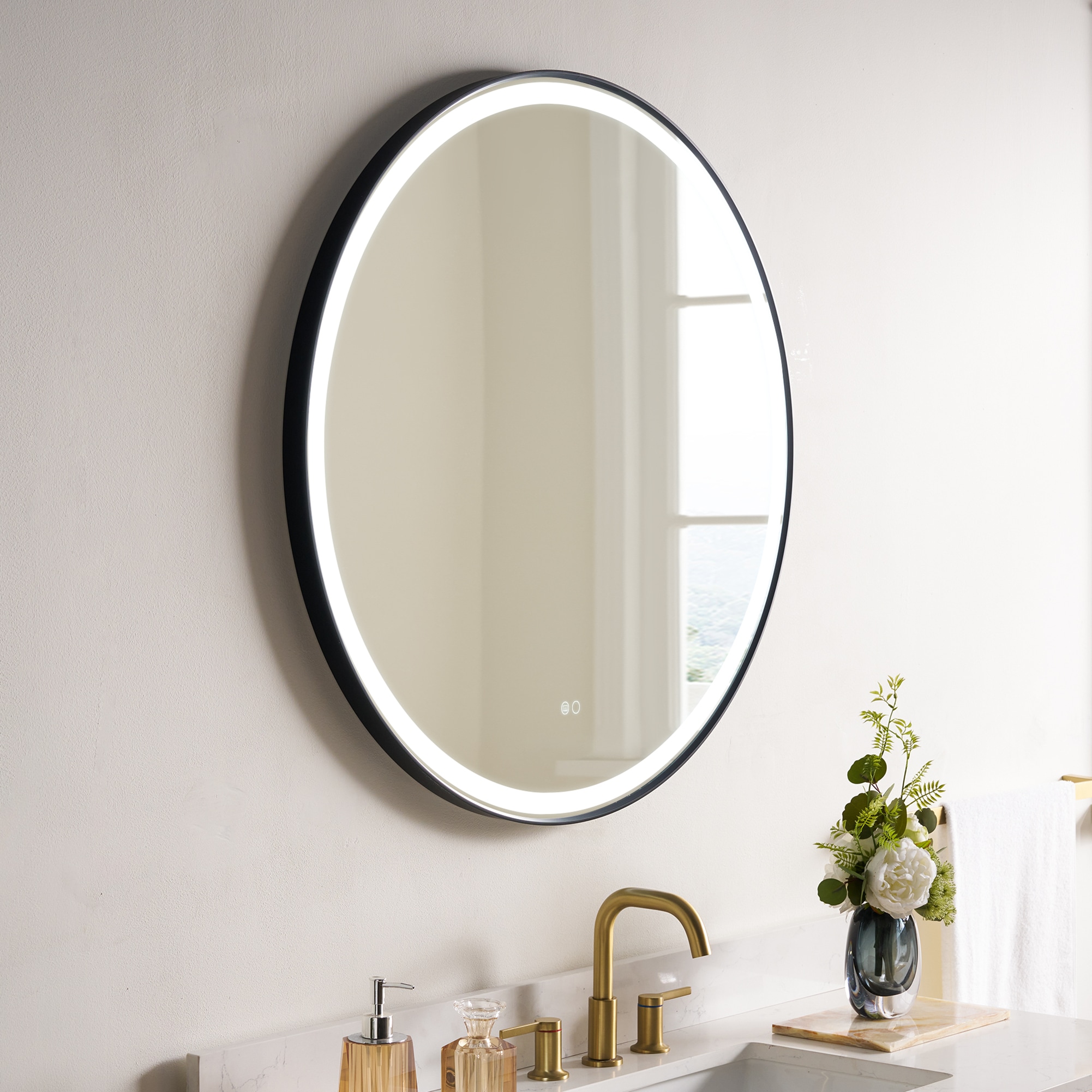 WELLFOR W9RD3636MB Bonie 36-in x 36-in Framed Round Dimmable LED Lighted Fog Free Bathroom Vanity Mirror ( Matte Black )
