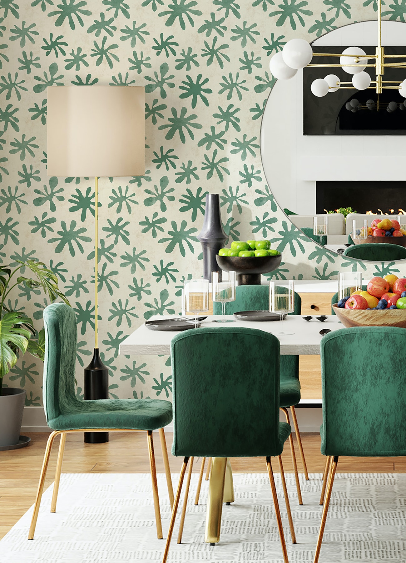 Green and Off-White Vinyl Floral Peel and Stick Wallpaper