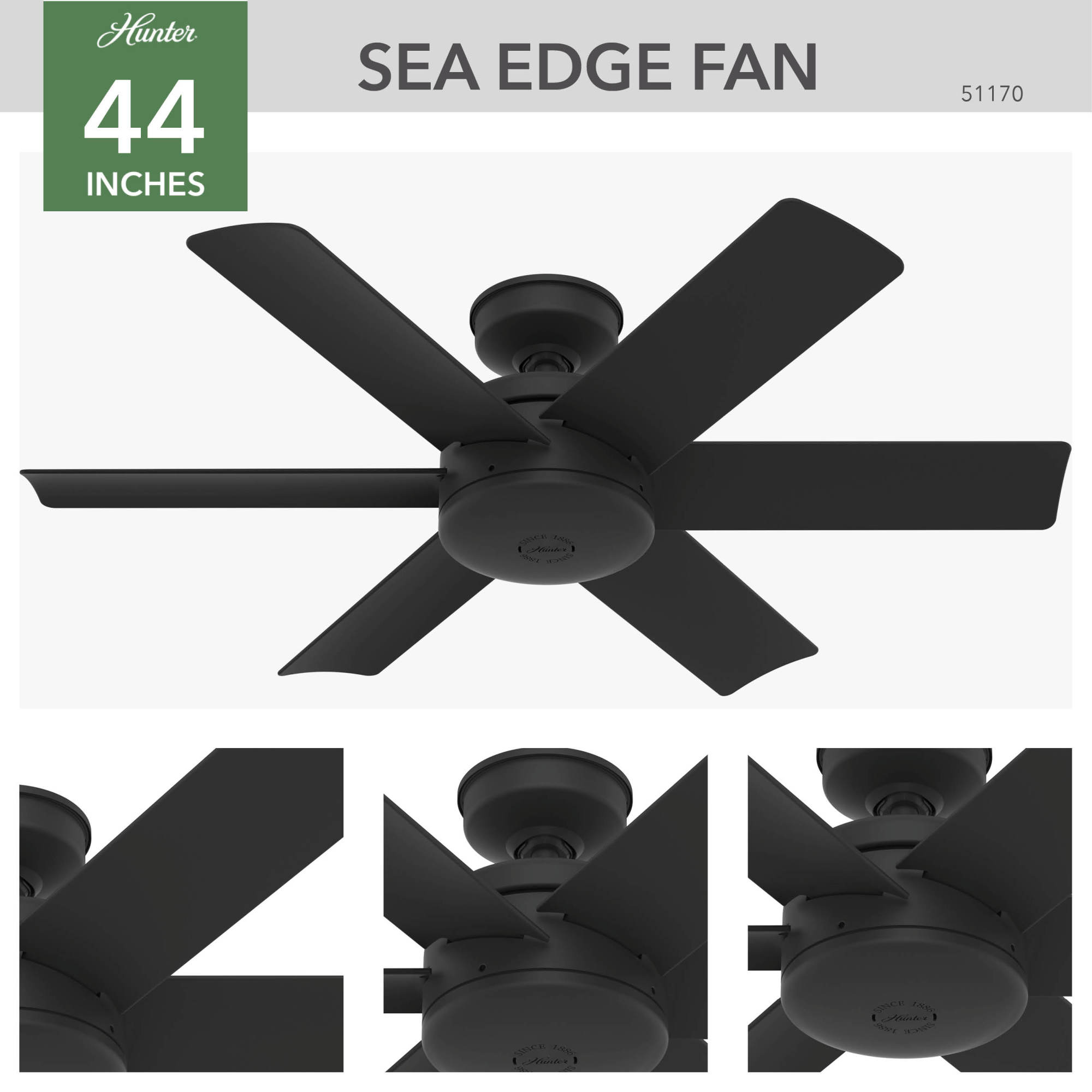 Hunter Sea Edge WeatherMax 44-in Matte Black Indoor/Outdoor