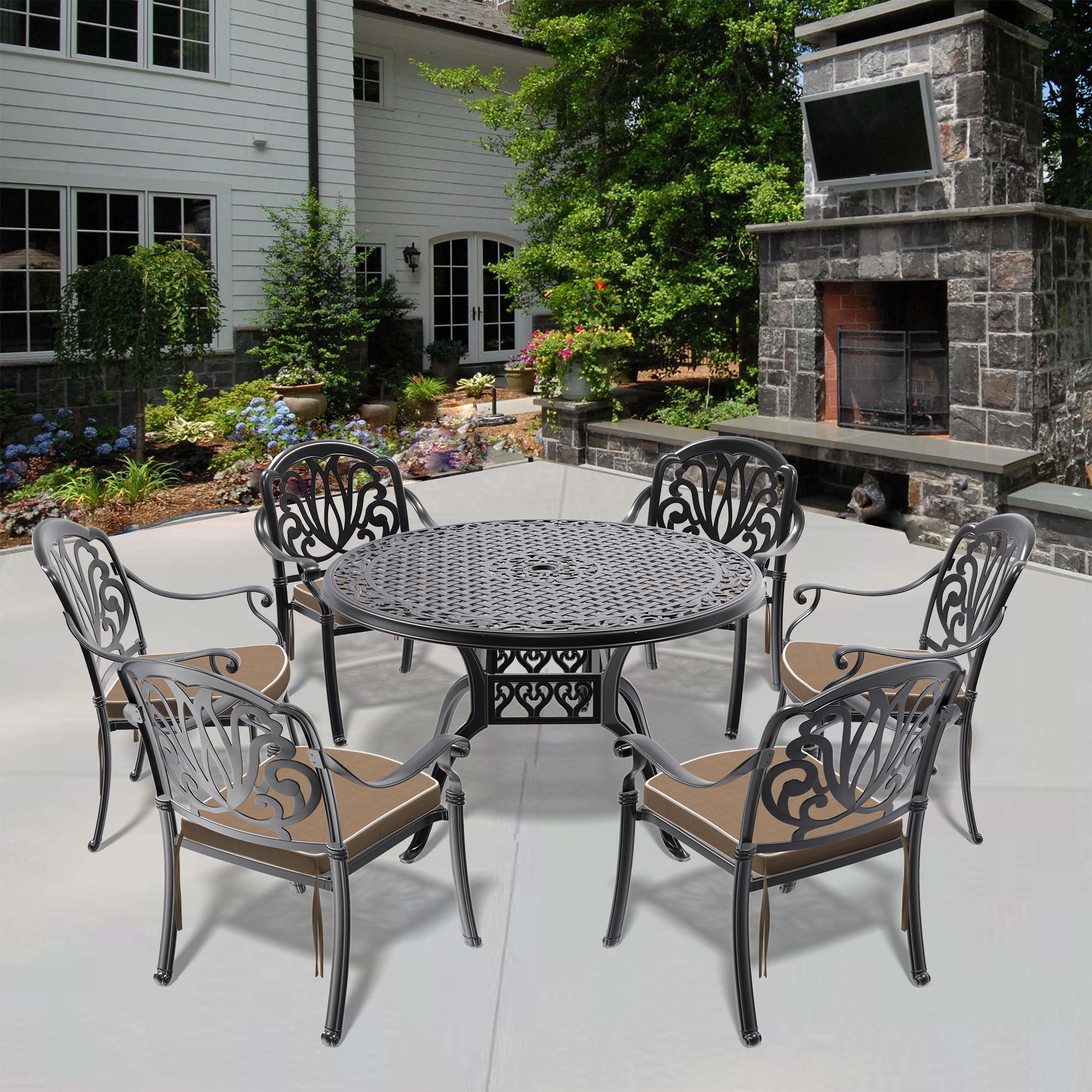 nicesure SLBK6002CZ6A1033RC 7 -Piece Black Patio Dining Set Aluminum Round Table with 6 Cushions Stackable Stationary Chairs