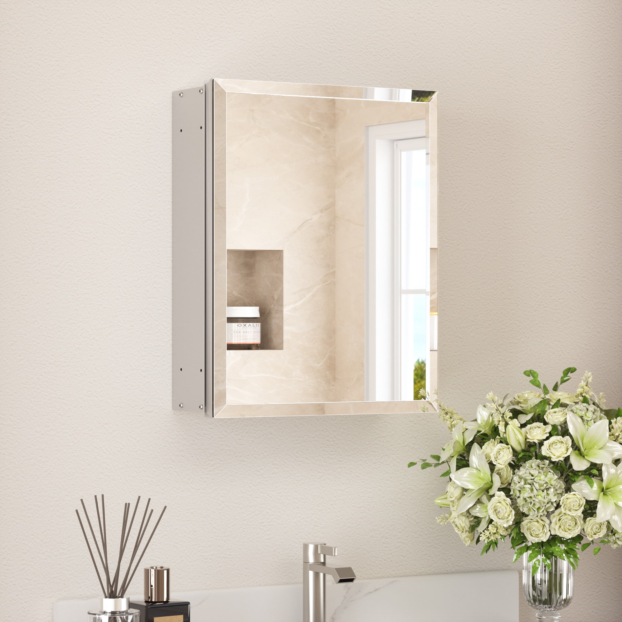 TETOTE 14 x 18 in Silver Frameless Surface/Recessed Aluminum Beveled Mirrored Rectangle Medicine Cabinet With Adjustable Shelves