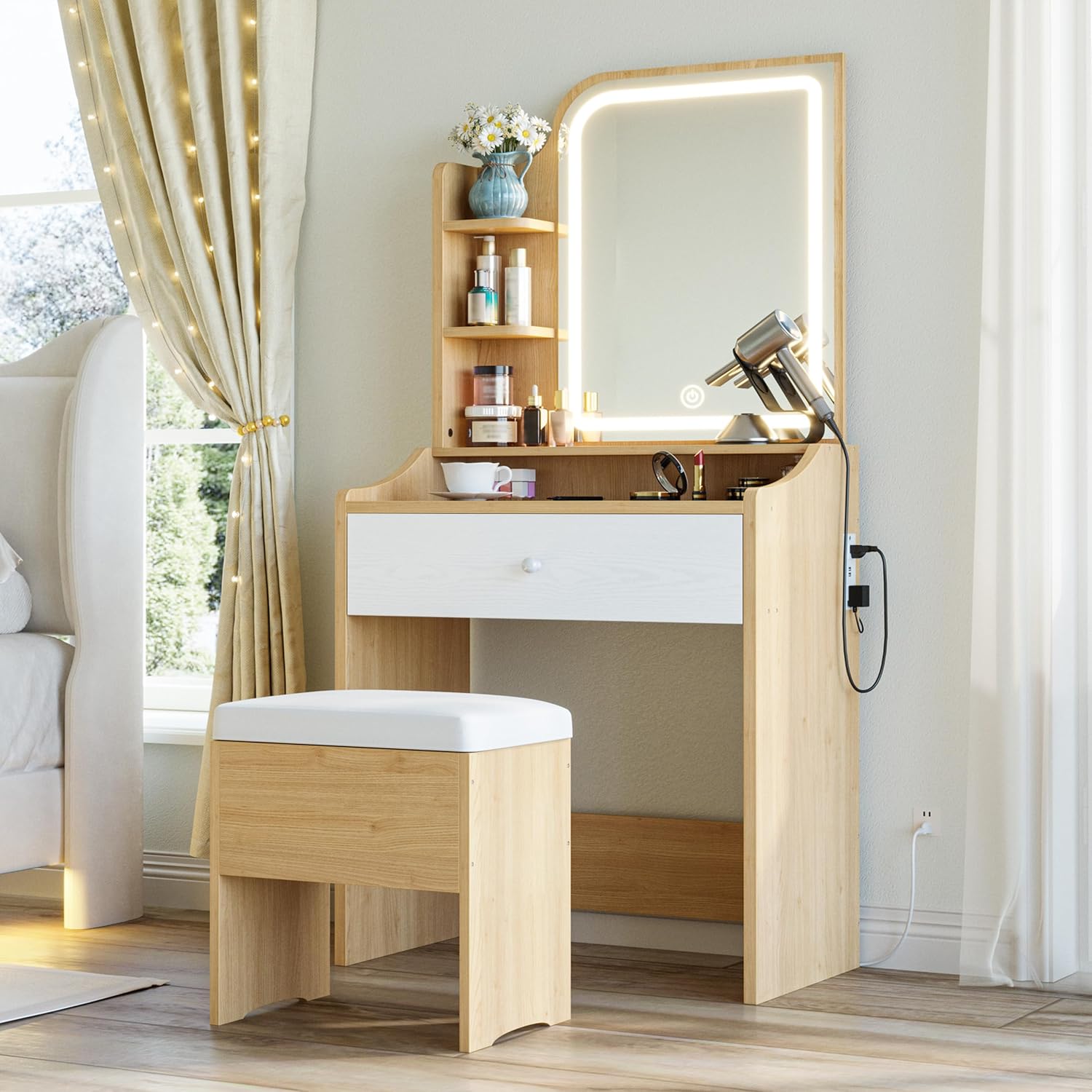 Likimio P1K7NSD3XRYUDC4H 24.4-in W Wood Small Vanity Table Set with Mirror and Lights and Storage Drawer