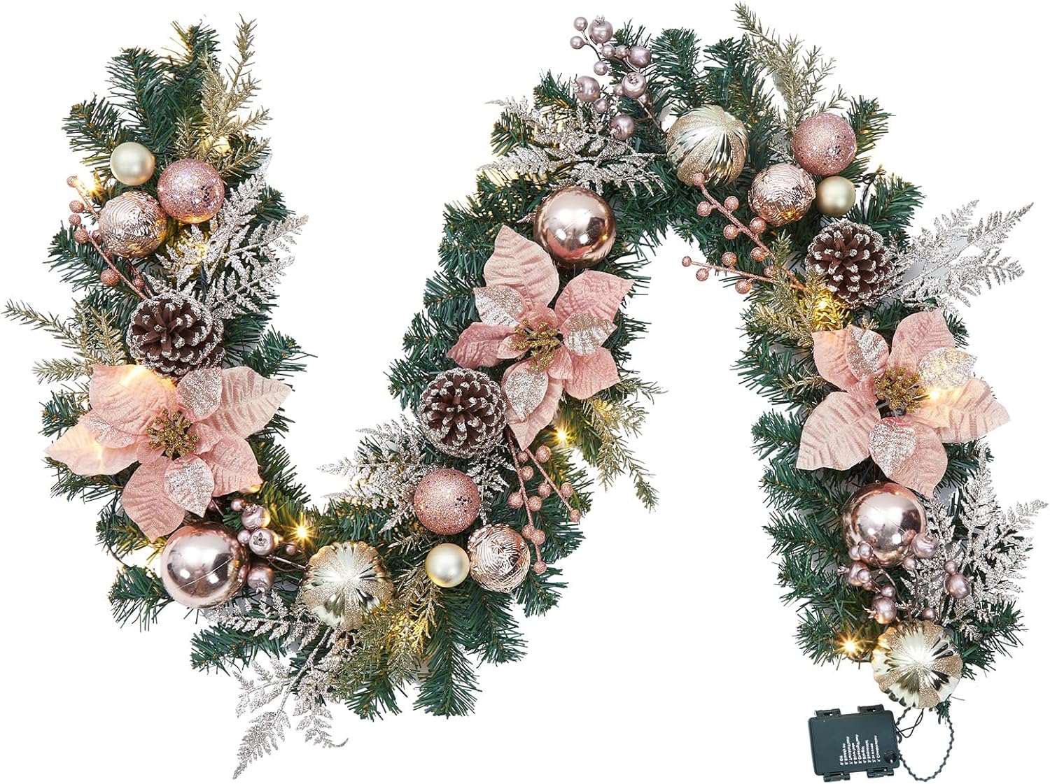 Qeetex 6 Feet Silver and White Lighted Christmas Garland with 20 LED Lights Balls Snowflake and Ribbon Bow for Front Door Fireplace Indoor Outdoor Decor