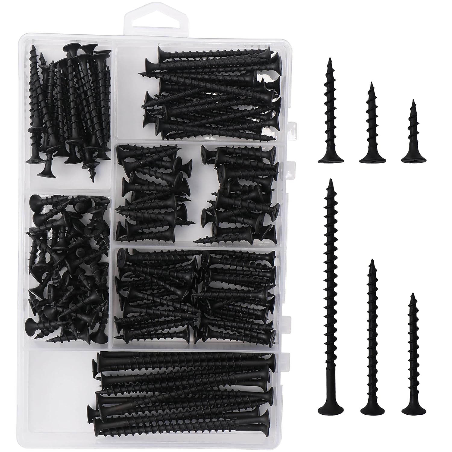 JEGONFRI High Hardness Drywall Screws Assortment Kit 166 pcs Coarse Thread Phillips Drive Black Wood Screws Screws Assortment Screws Set 6 Sizes