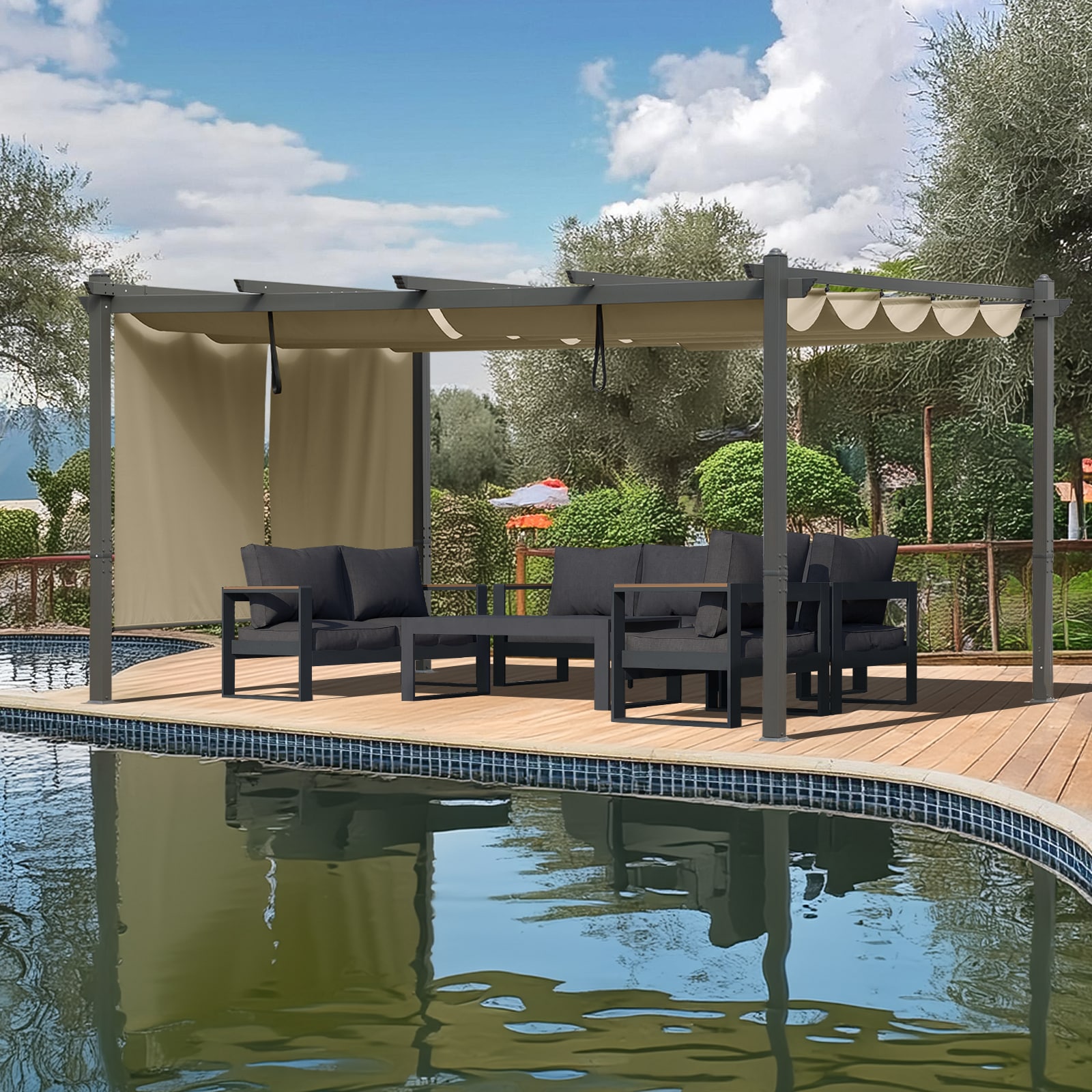 Aoodor A161-PKICG Patio Pergola 12-ft W x 14-ft L x 8-ft 2-in H Brown Metal Freestanding Pergola with Canopy