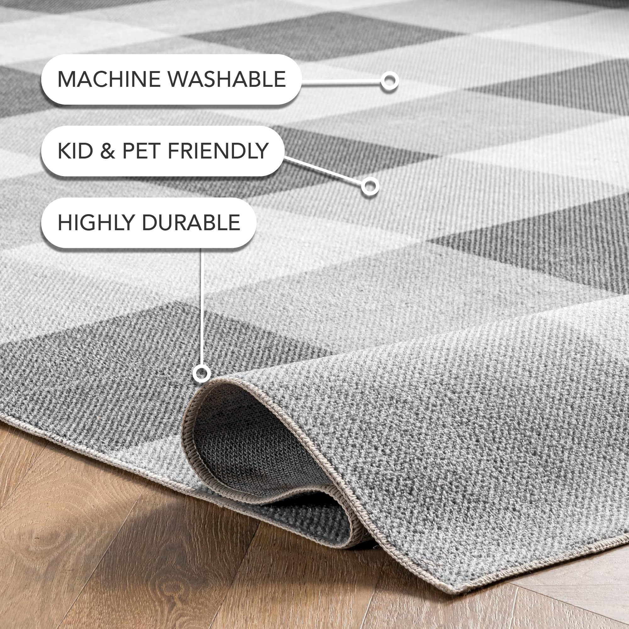 Gray Buffalo Plaid Washable Rectangular Area Rug