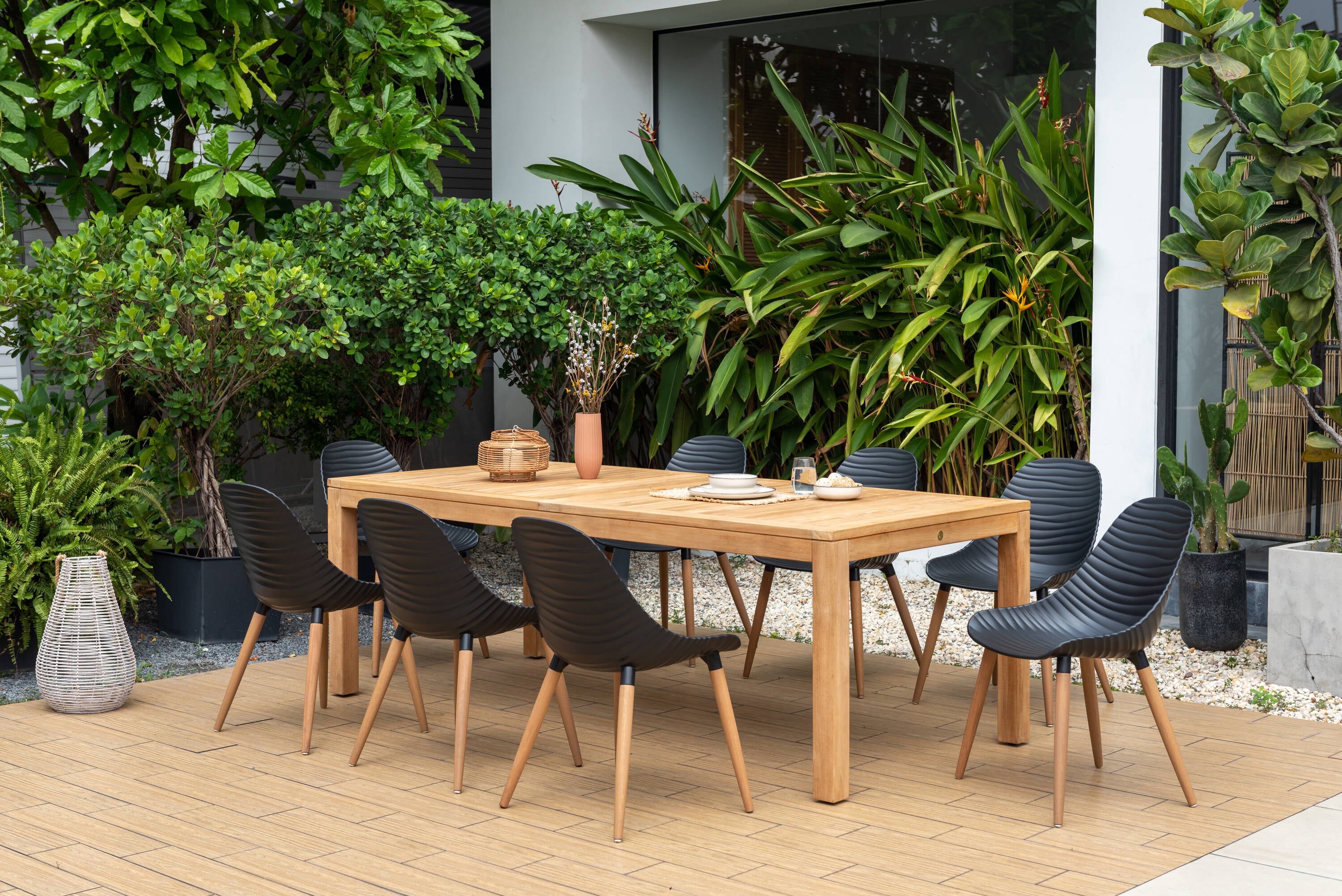 Amazonia RIN2208STRMSDBK Outdoor Patio 9 -Piece BLACK Patio Dining Set Wood Rectangle Table with 8 Stationary Chairs