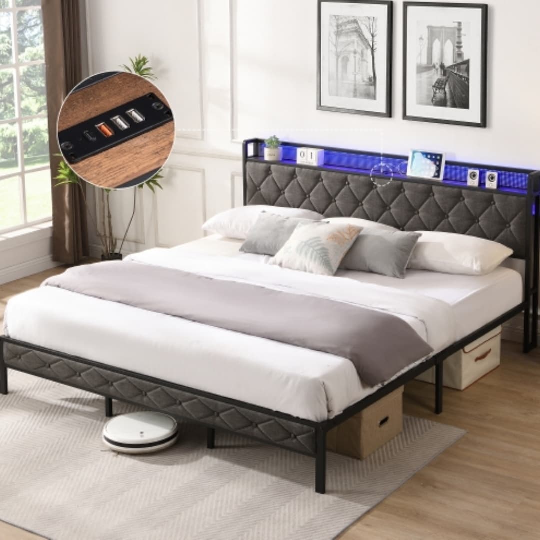 ZAKLOOP WU1916124806 King Gray Metal Platform Bed with Headboard