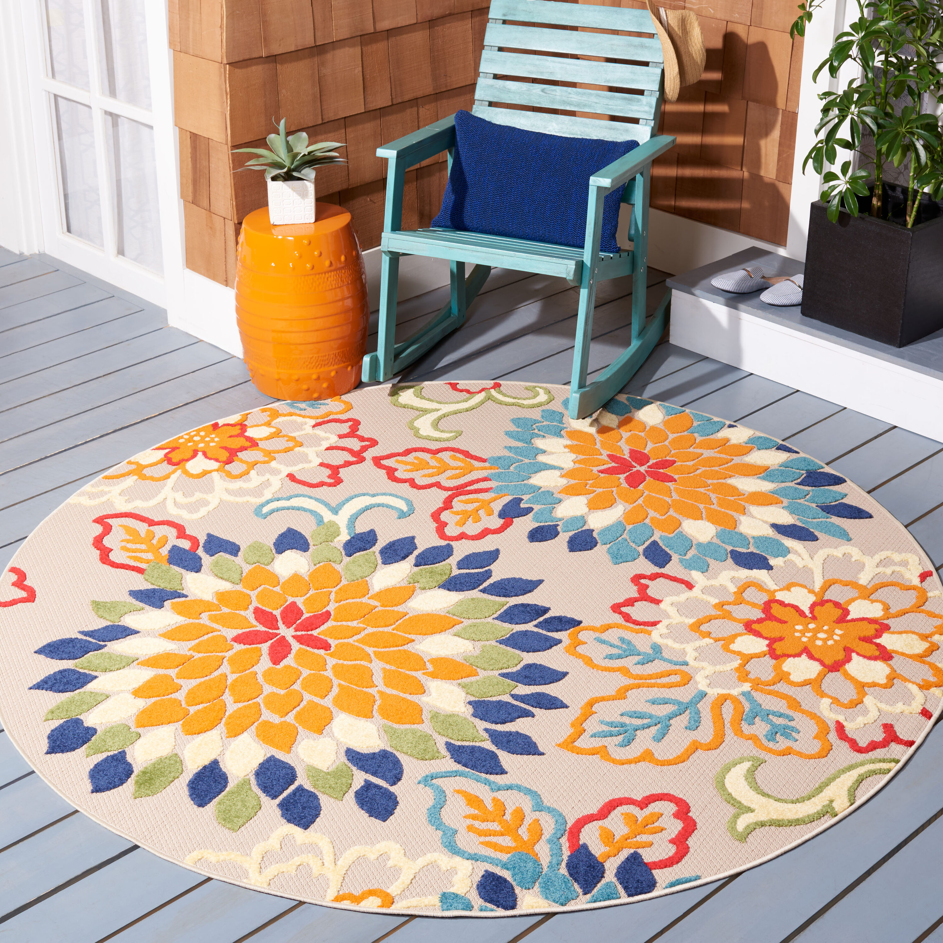Cabana 391A Ivory Orange 8ft x 8ft Round Rug