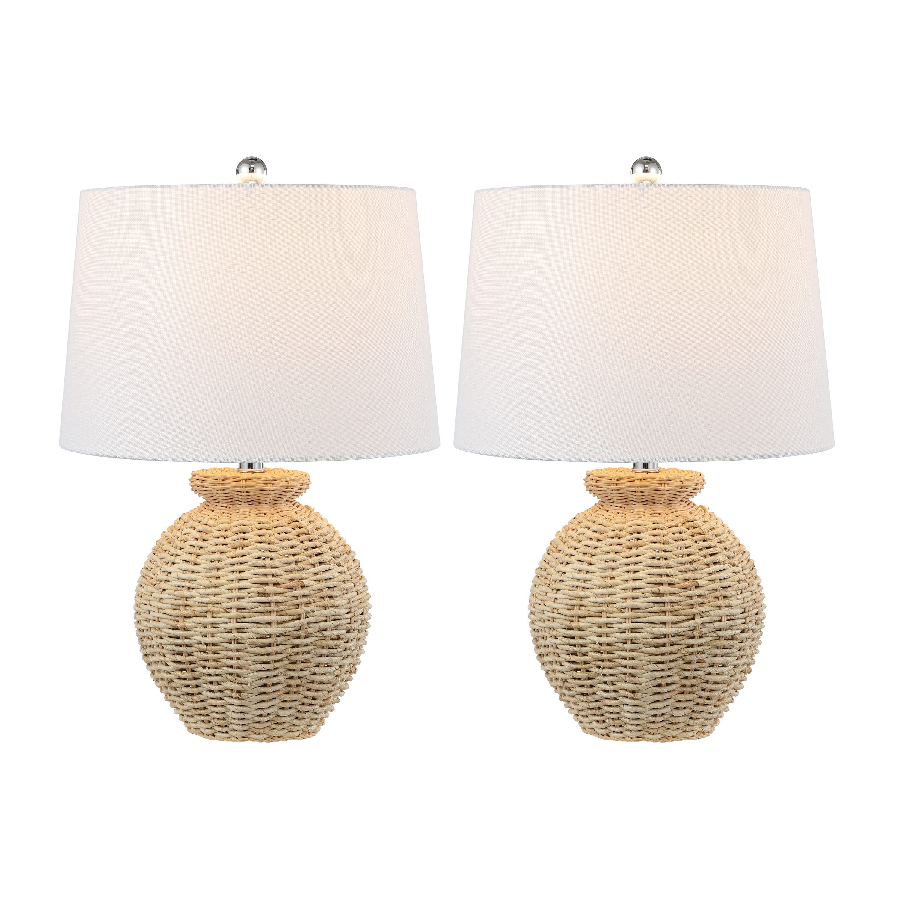 Nora 22" Woven Rattan Urn Shape Table Lamp Set with White Linen Shade