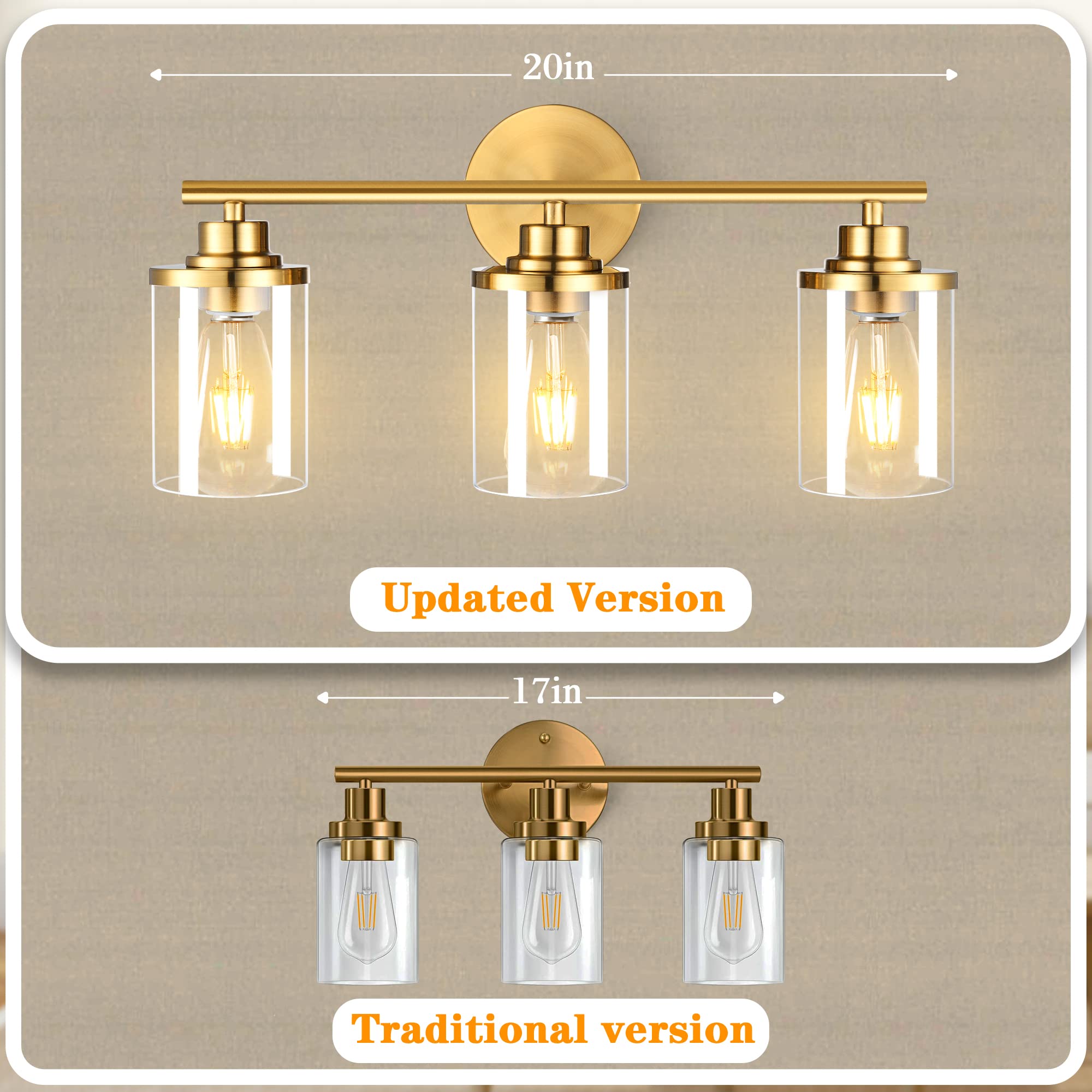 AOIZGMY Bathroom Vanity Light Brushed Gold 20 inch Three Light Wall ...