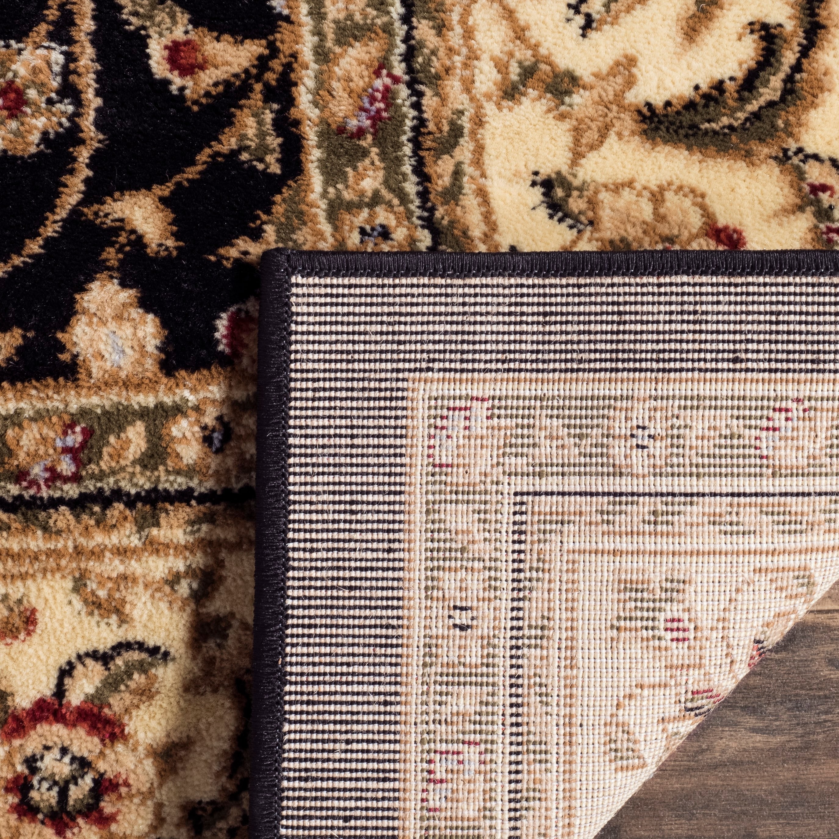Black Floral Synthetic 4' x 6' Area Rug with Border Embellishment