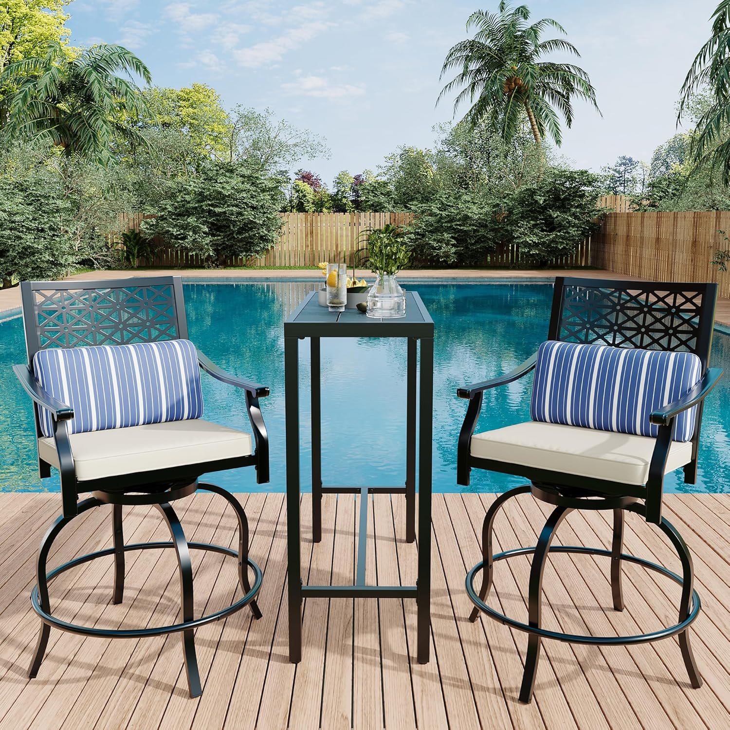 Qeetex LHF-HW-VAM-33QFKNAW 3 PCS Patio Swivel Bar Sets with Red Cushions 3 PCS Outdoor Patio Bistro Swivel Bar Sets High BistroSets with 2 Outdoor BarStools and 1 BarTable - Blue