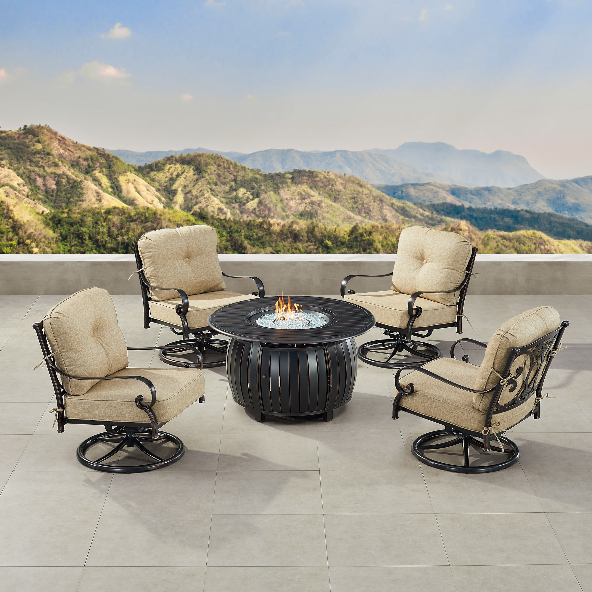 Oakland Living POPPY4CHITALYTNCUIBA Fire Pit Table Set, Four Lounge Chairs, Wind Guard and Ice Bucket 15 -Piece Patio Conversation Set with Tan Cushions
