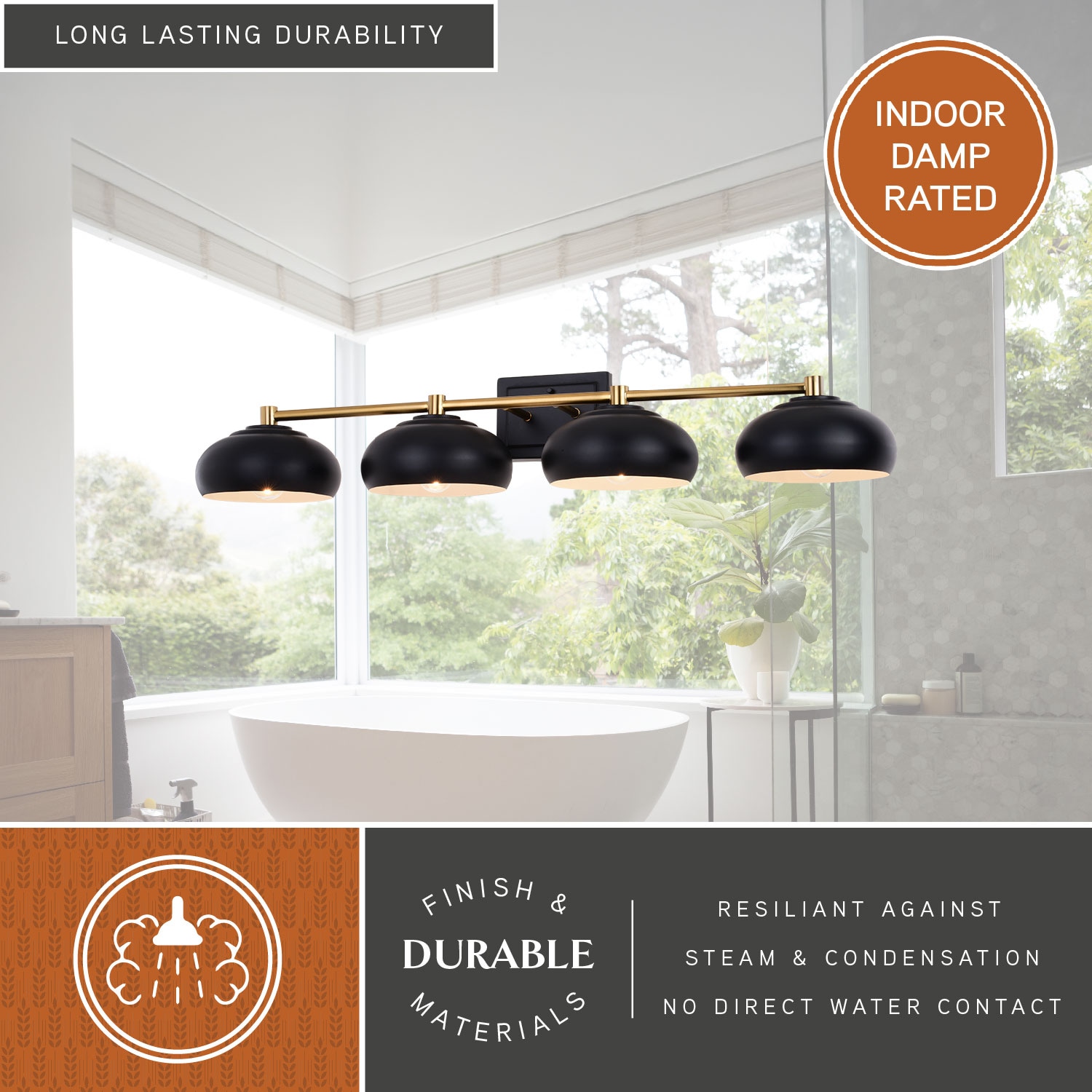 Matte Black and Satin Brass 4-Light Dimmable Vanity Fixture