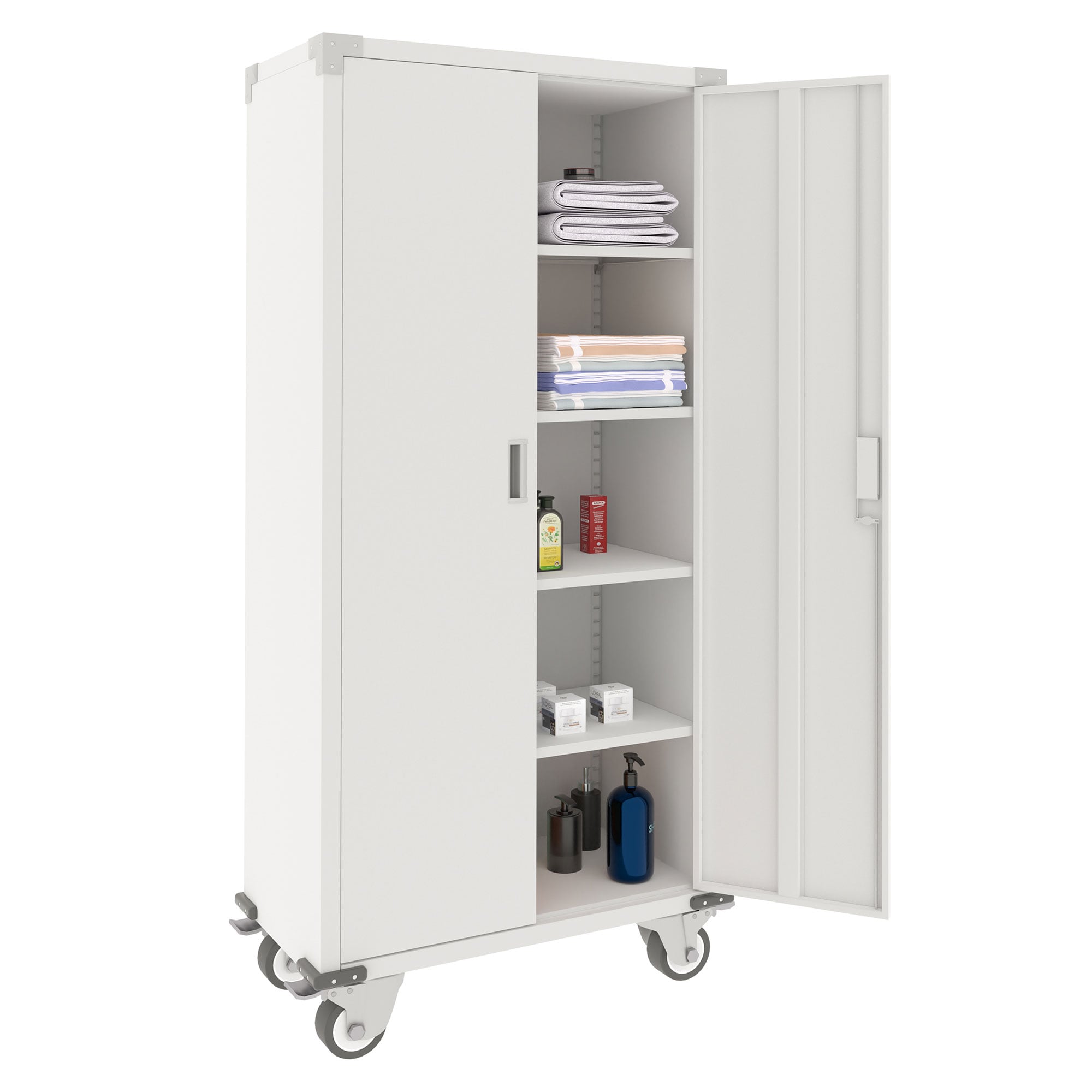 AOBABO  72 Inch Locking Metal Garage Home Office Storage Cabinet with Wheels White