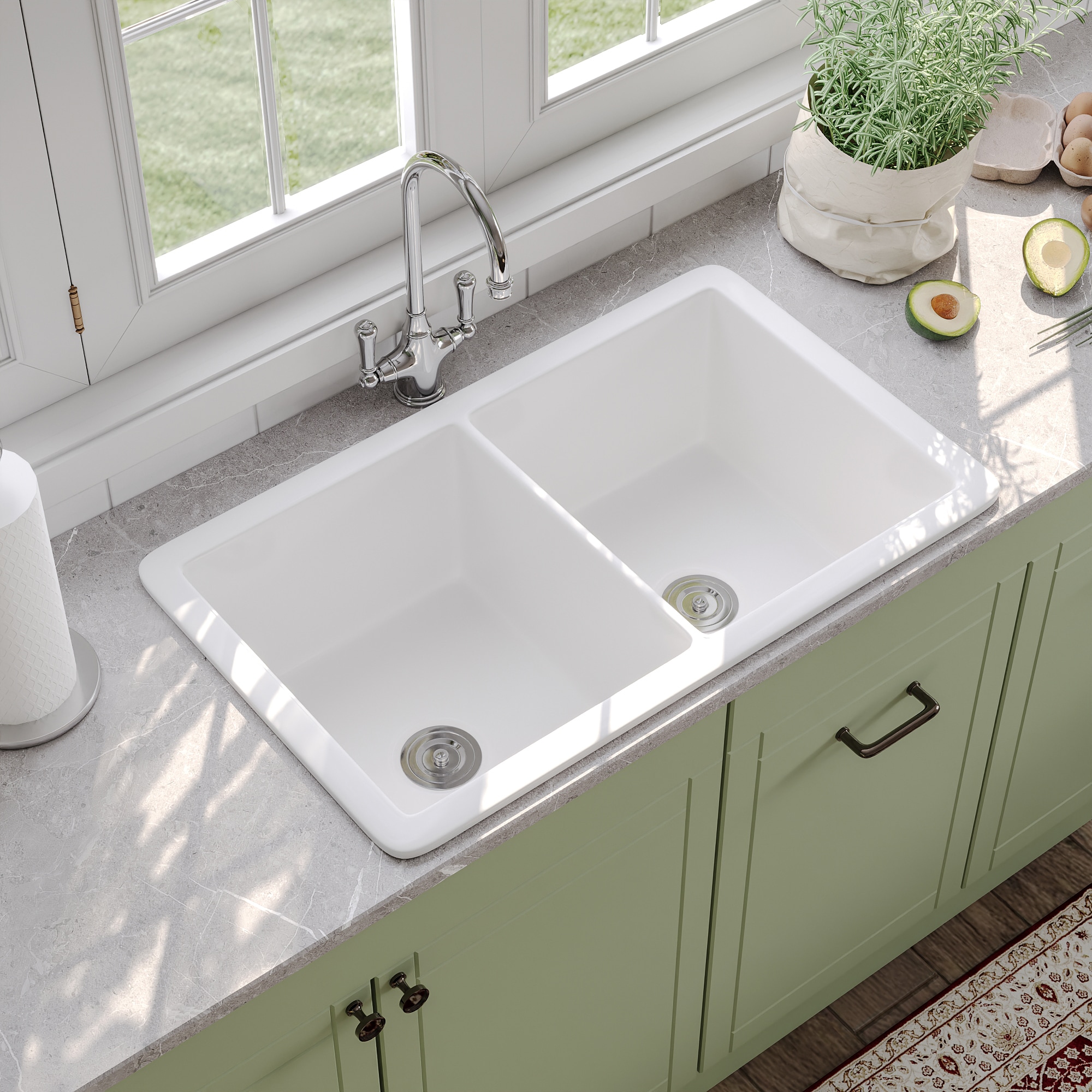 DeerValley DV-1K0142 Undermount 32-in x 19.09-in Fireclay Double equal bowl Kitchen Sink