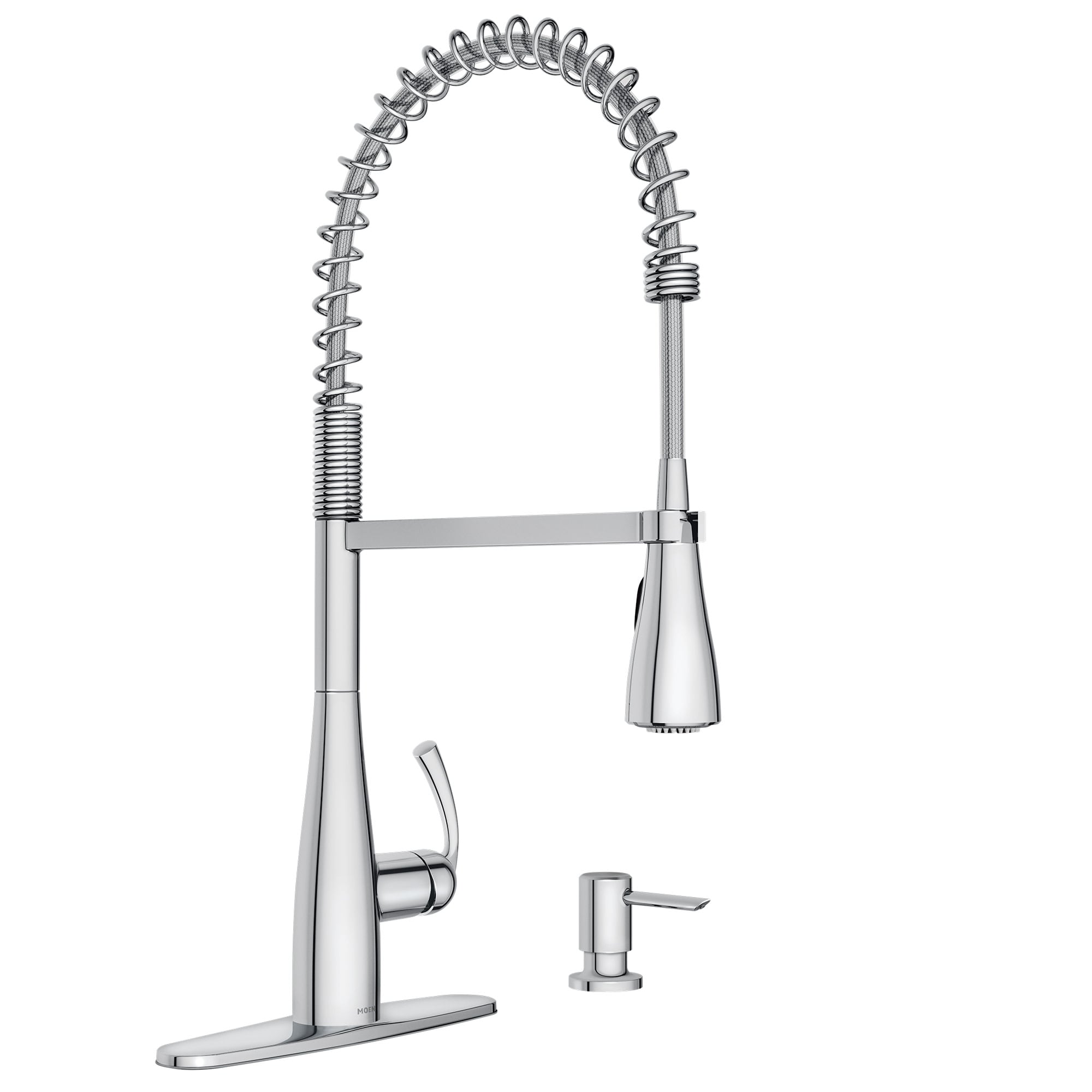 Moen 87814 Essie Chrome Single Handle Deck-mount Pre-rinse Kitchen Faucet with Sprayer ( Deck Plate Included ) (Soap Dispenser Included)
