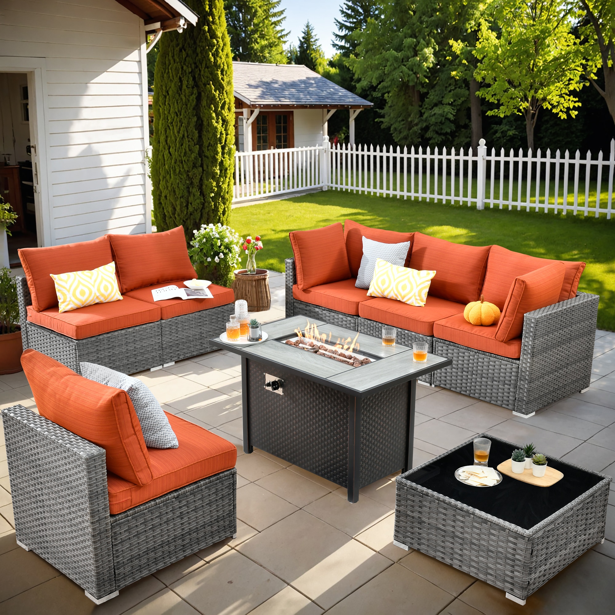 Pouuin SYZHOP805 Wicker Outdoor Sectional with Red Cushions and Wicker Frame