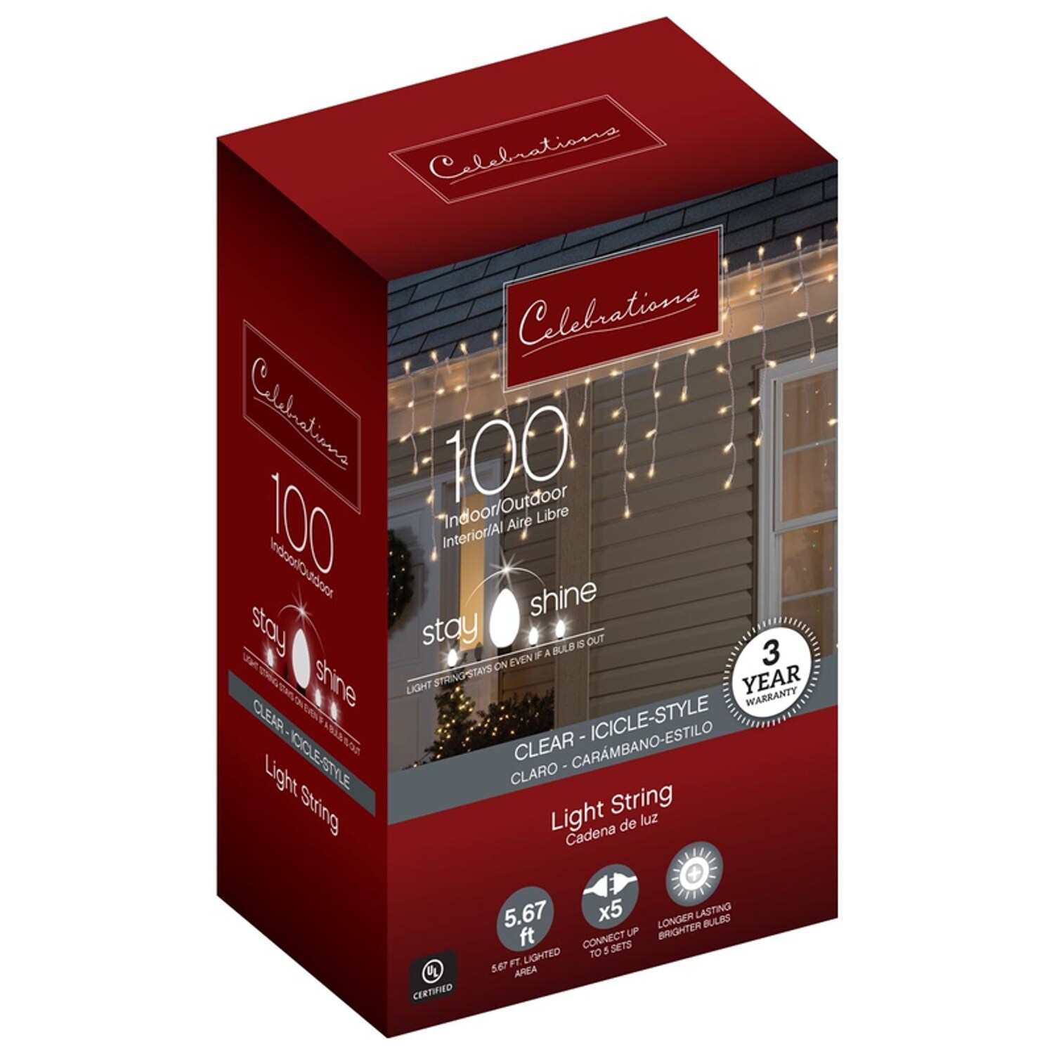 Celebrations -  Red Incandescent Mini Clear/Warm White 100 ct Icicle Christmas Lights 5.67 ft.
