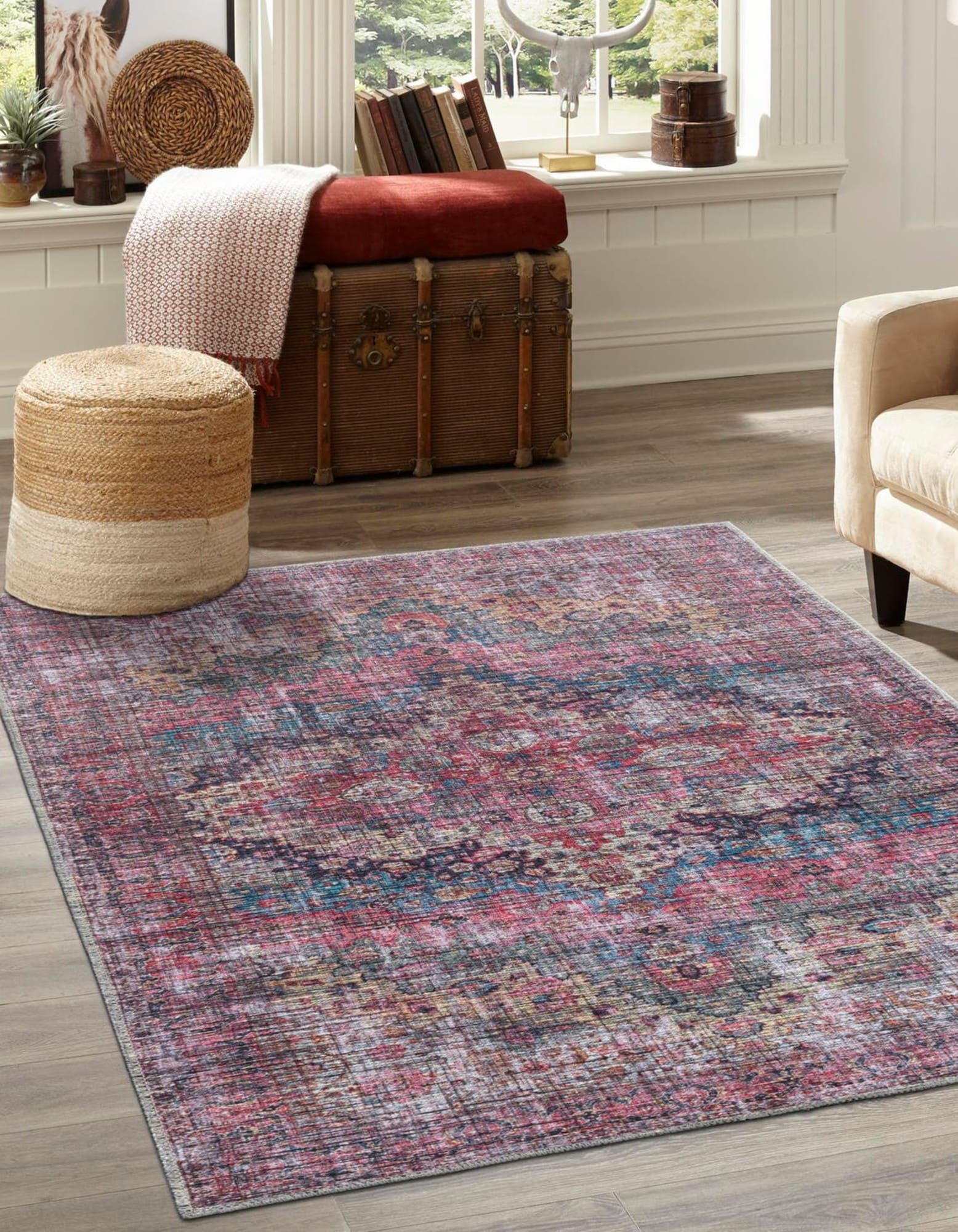Area Rug, 4x6 ft Low-Pile Machine Washable Vintage Rugs for Living