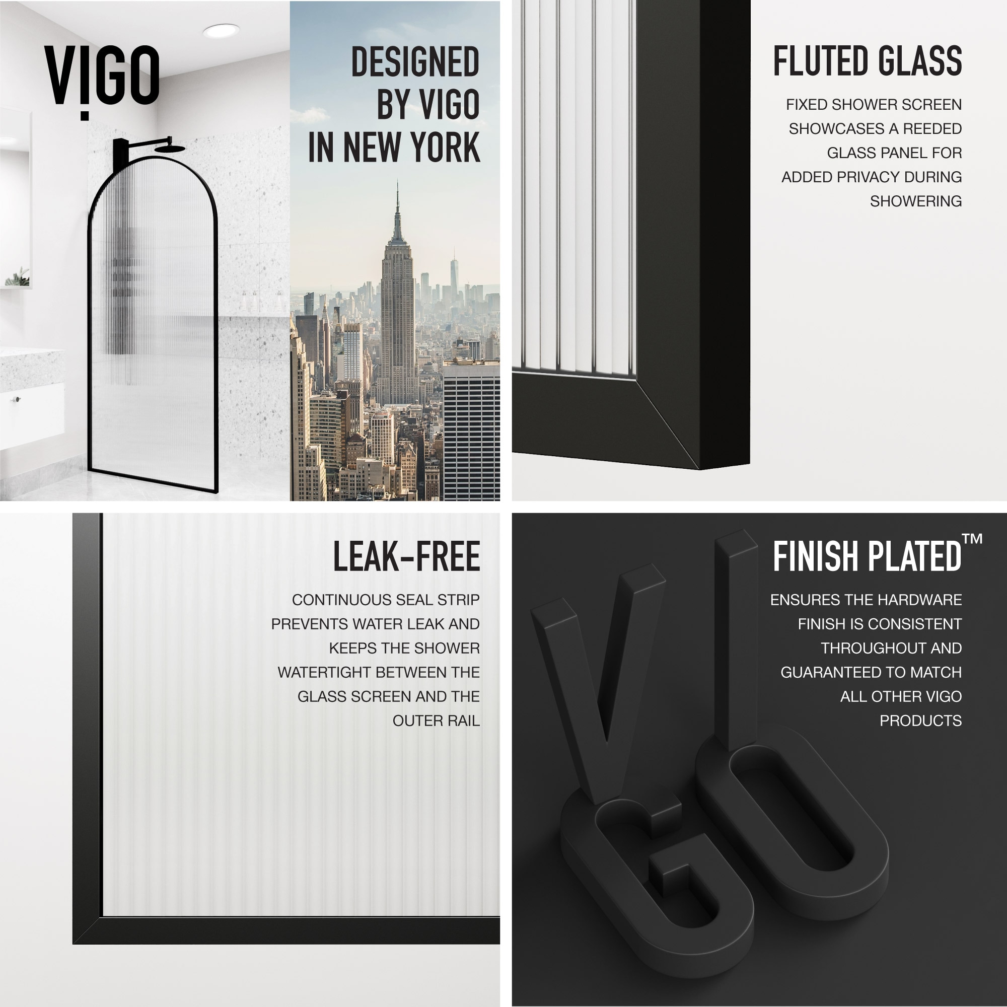 Arden 34" Matte Black Fluted Glass Shower Screen