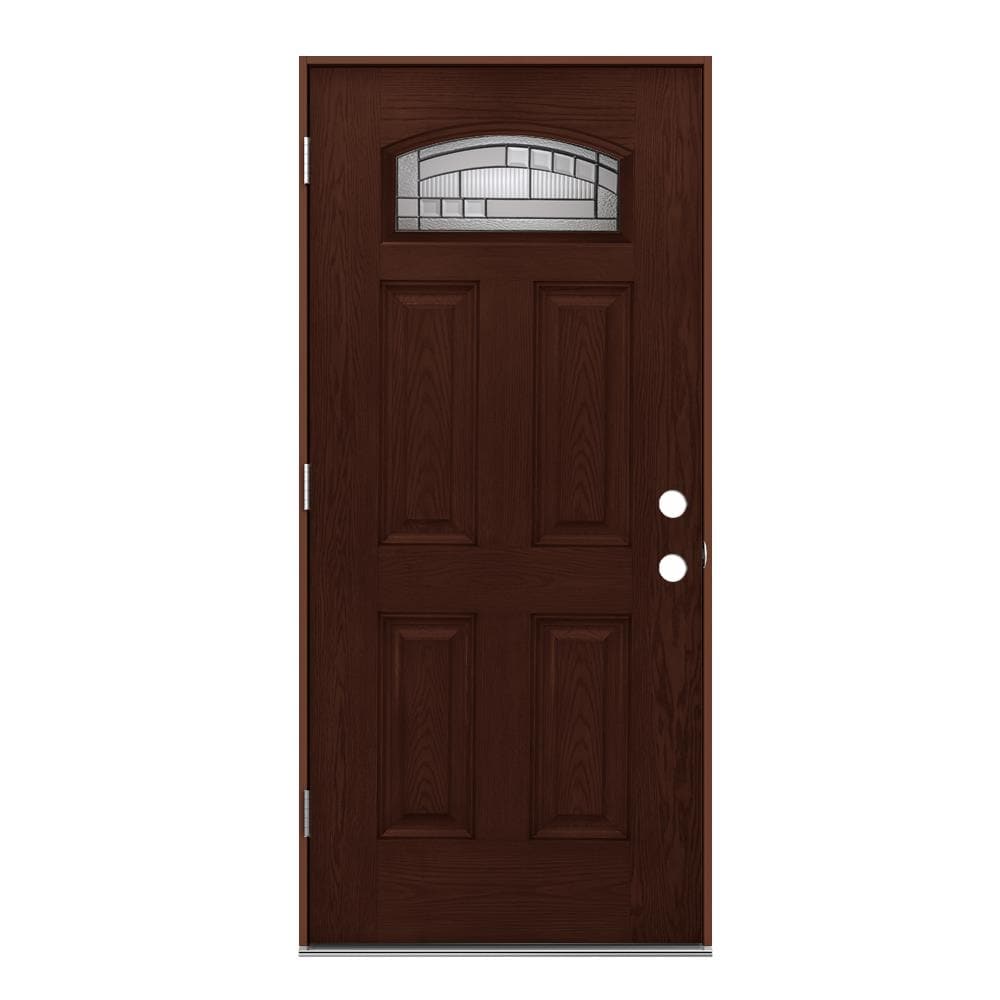 JELD-WEN LOWOLJW232300018 36-in x 80-in x 4-9/16-in Fiberglass 1/4 lite Right-hand outswing Coffee Bean Stained Prehung Front Door Insulating core