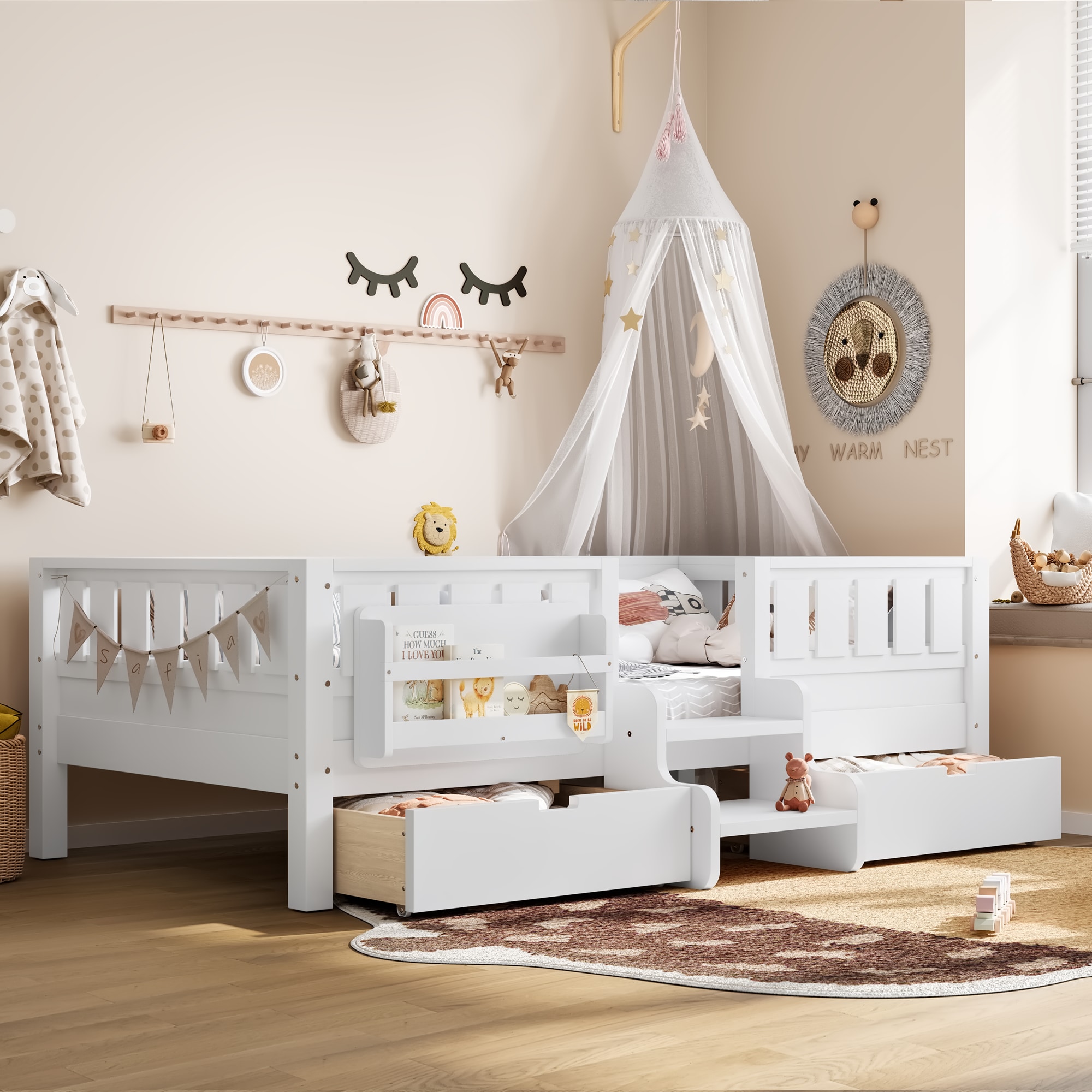 Hrinhom - Twin WHITE Wood Platform Bed with Headboard