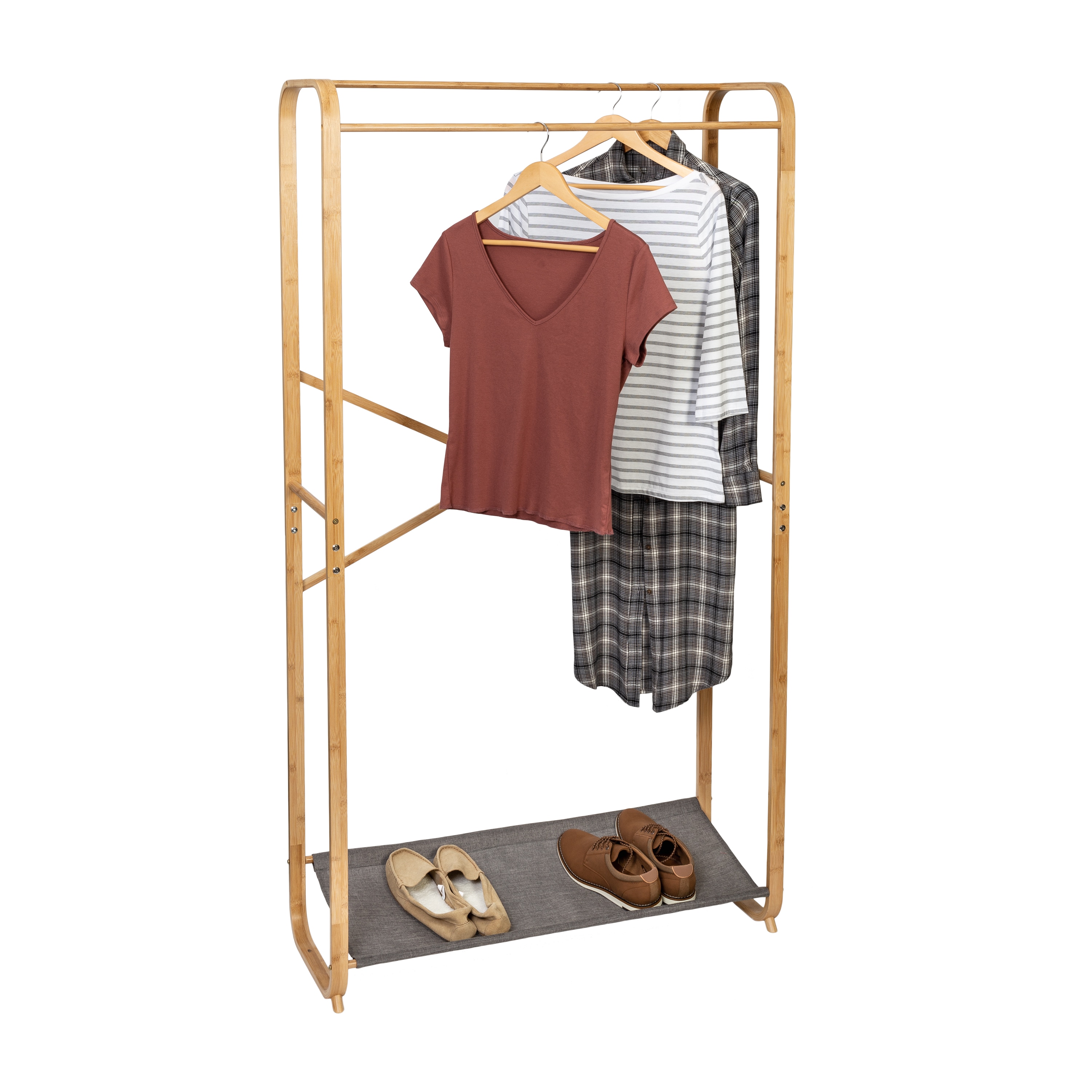 Honey-Can-Do Black/Natural Freestanding Metal Clothing Rack with Wood Shelves