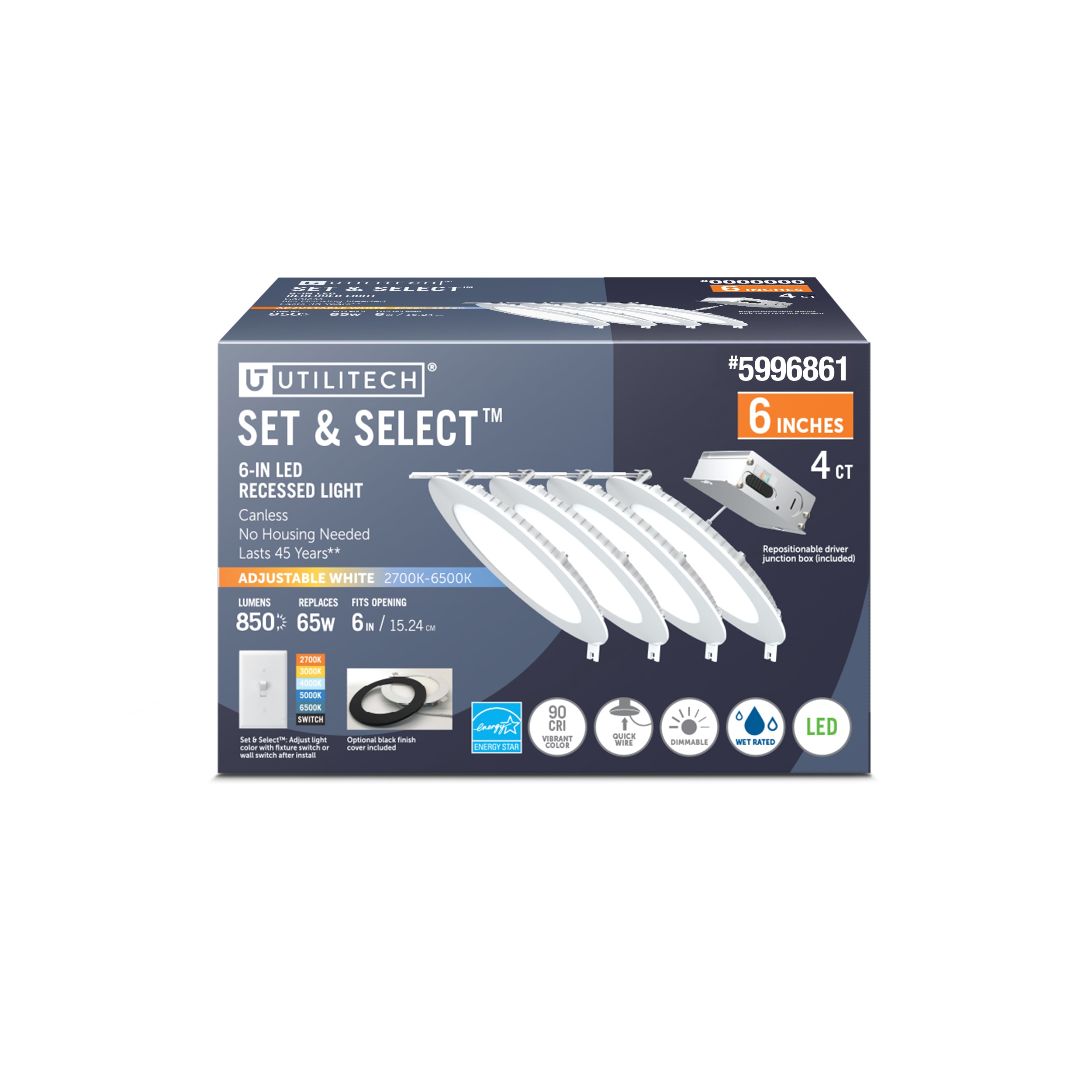 Utilitech LLEDR6XT/RT6WYCABK/4 White/ Black 6-in 850 -Lumens Switchable white Round Dimmable LED Canless Wet rated Recessed Downlight 4 -Pack