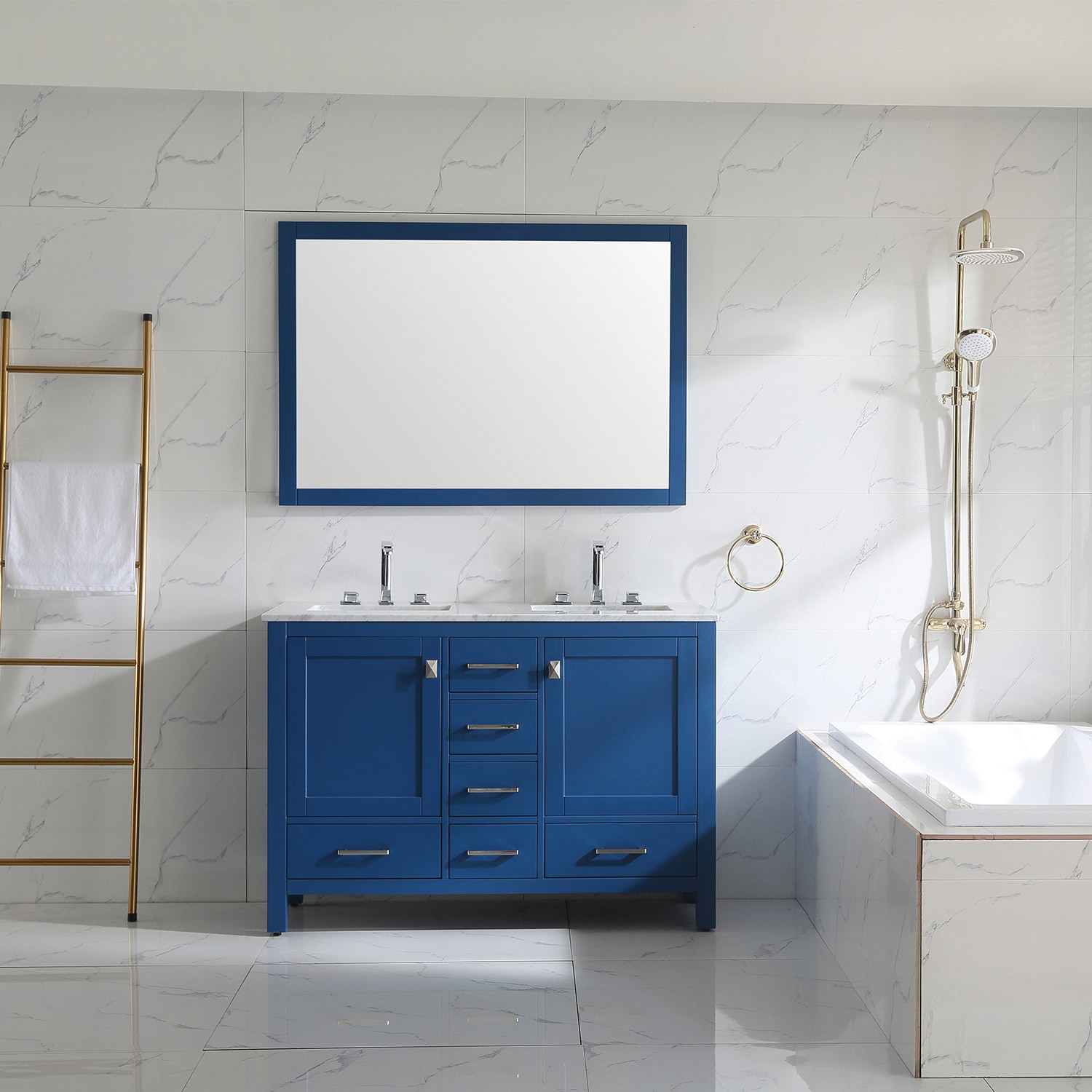 Eviva Navy 36 inch Deep Blue Bathroom Vanity with White Carrera Counter-top  and White Undermount Porcelain Sink