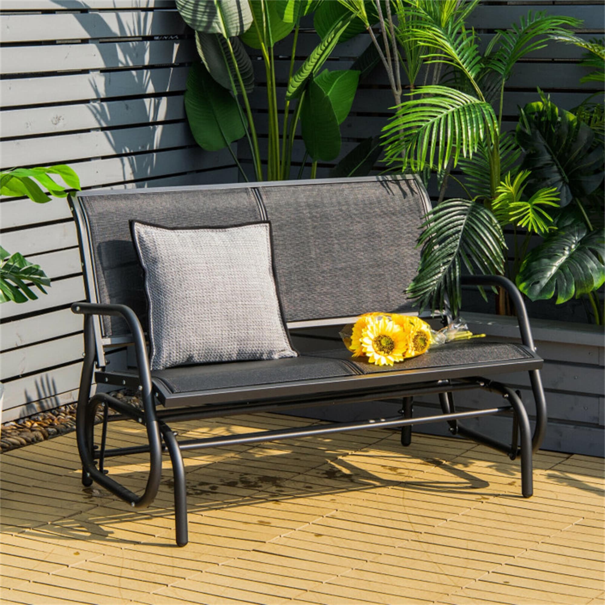 BABOOM BOM-50BN-CO Patio Rocker Lounge Black Steel Frame Glider Rocking Chair with Black Sling Seat