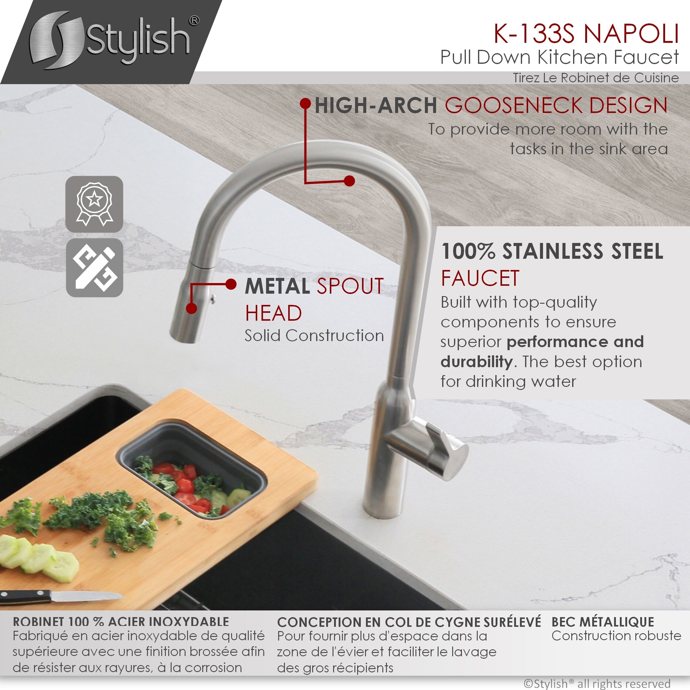 Brushed Stainless Steel Pull Down Kitchen Faucet with Pull-out Spray