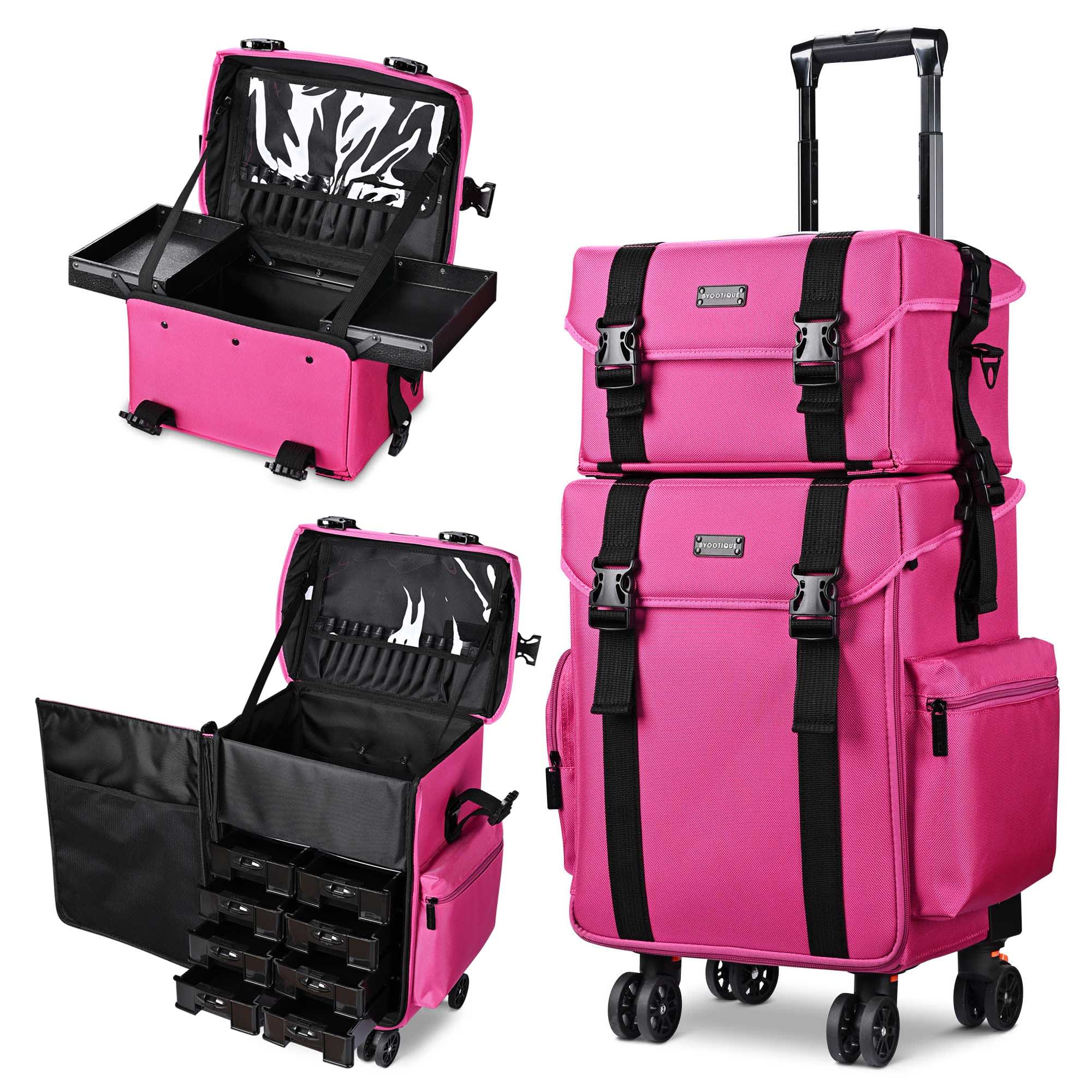 Yescom 12MKC018-C2BAG-18-LO Byootique Deep Pink 2in1 Rolling Makeup Case Soft Sided Cosmetic Organizer 1680D