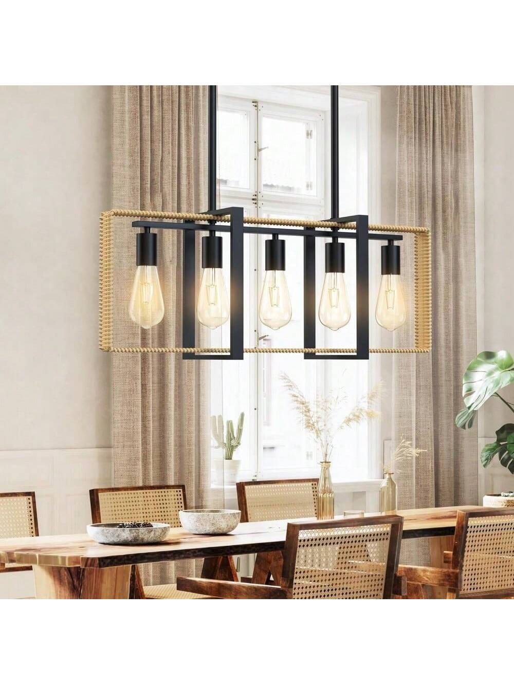 Qeetex PHO-13ARC5CO-HF4 Kitchen Island Light Fixture Over Table. Farmhouse Chandeliers for Dining Room. 5 Light Adjustable Dining Room Light Fixtures. Rattan and Metal Pendant Light for Kitchen Island