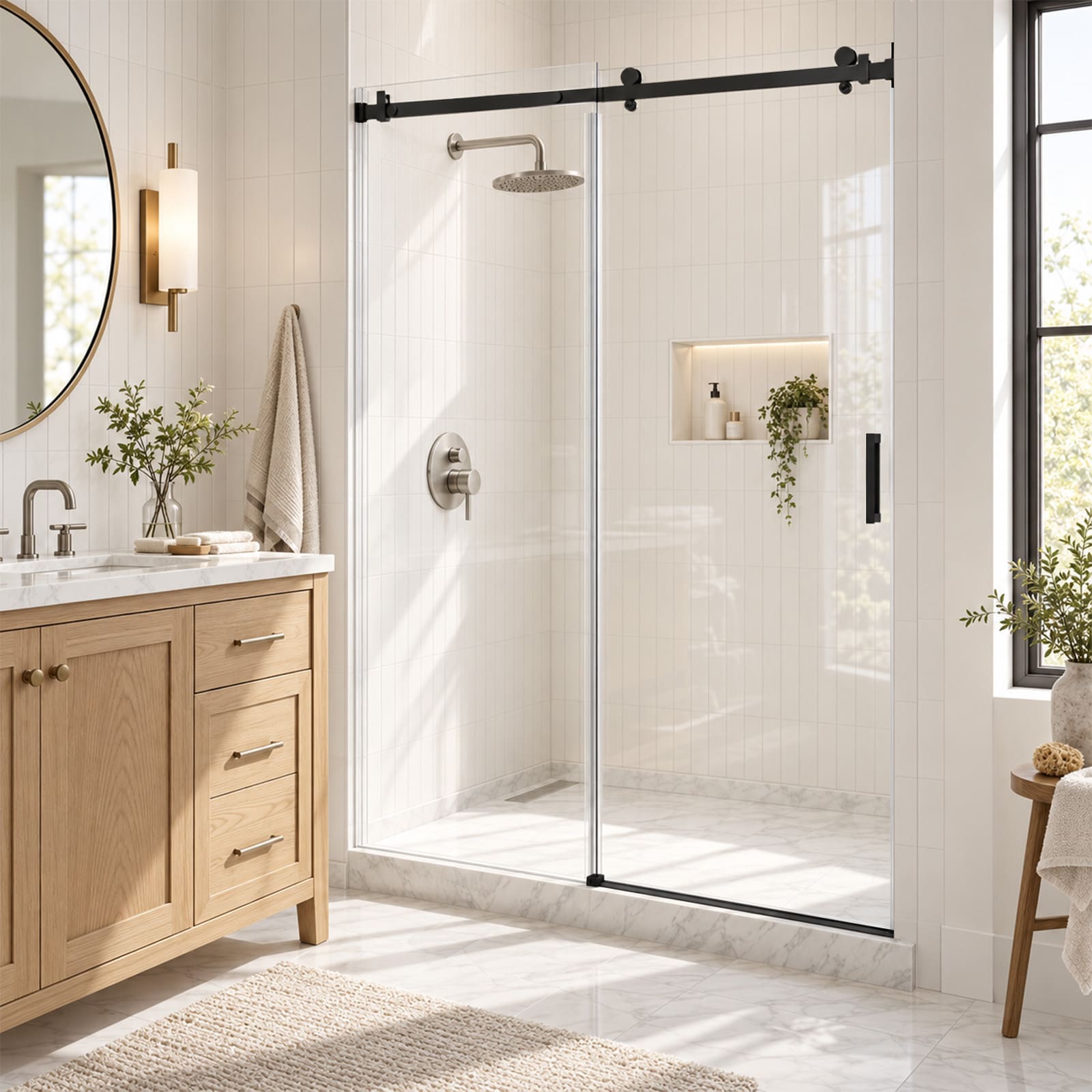 DFI Orin Matte Black 46-in to 48-in W x 76-in H Semi-frameless Clear Glass Sliding Shower door