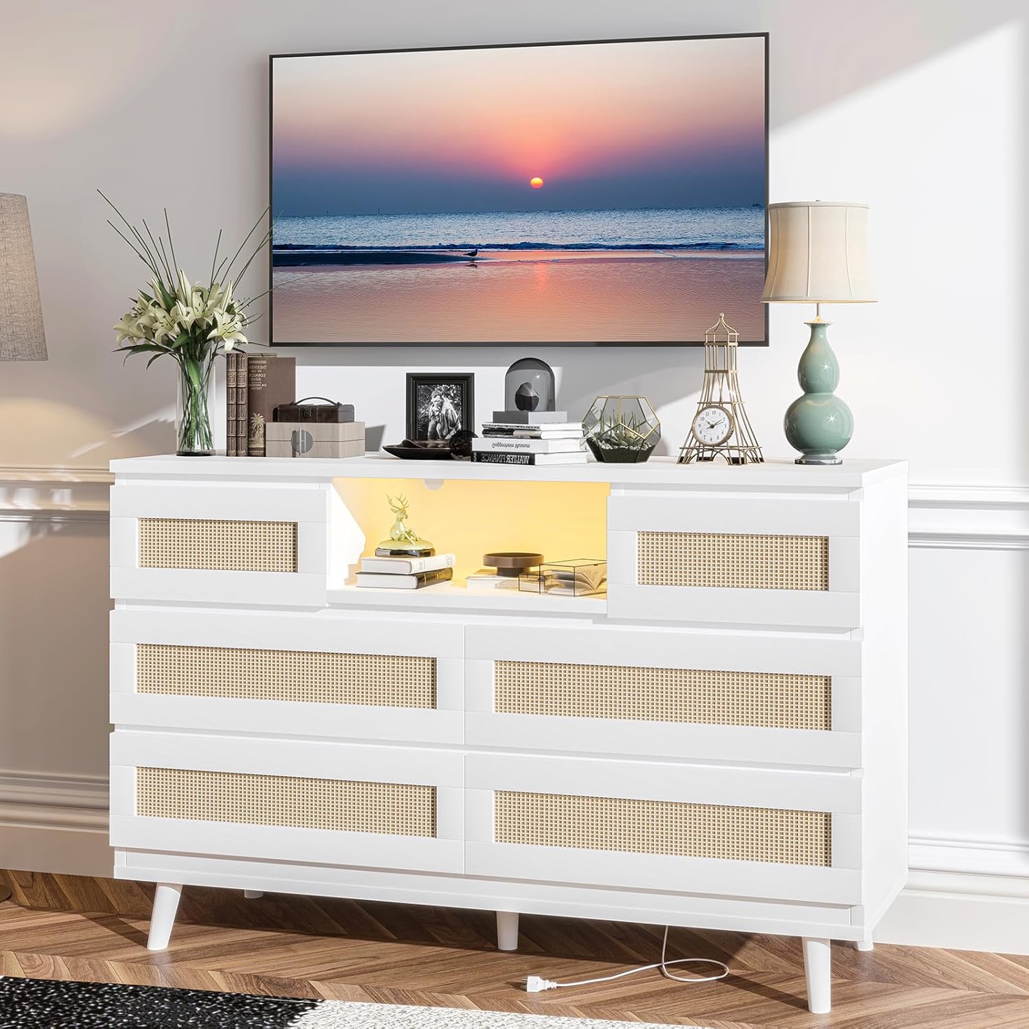 Qeetex LHF-DG-839OPBG5010 Rattan Dresser for Bedroom - Modern 6 Drawer Double Dresser with LED Lights and Power Outlet - Large Wood Chest of Drawers for Closet/Living Room/Hallway/Entryway - White
