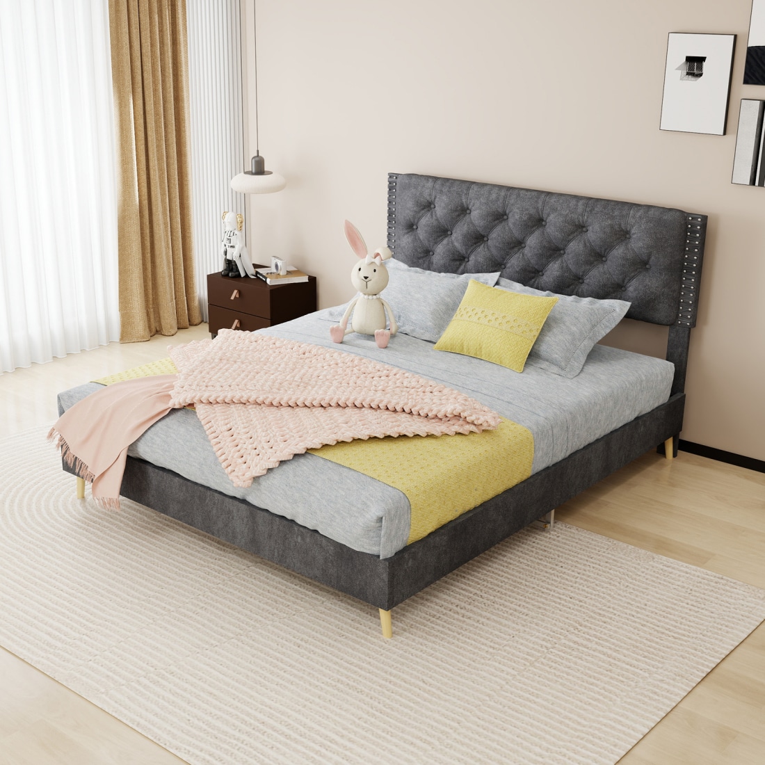CHITA Queen Size Contemporary Velvet Upholstered Bed Frame with Tufted ...