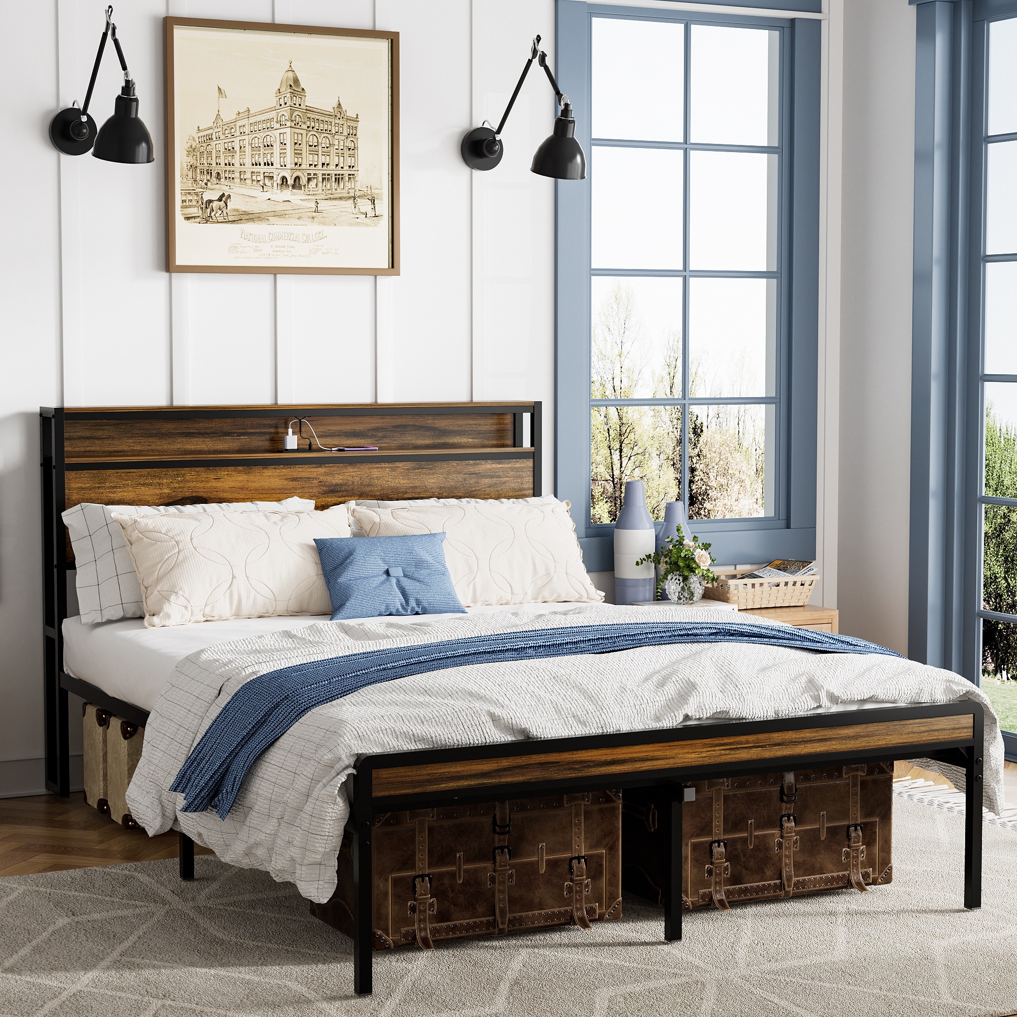 Kahomvis GATA-QPN1-337 Brown Queen Metal Bed frame Bed with Storage