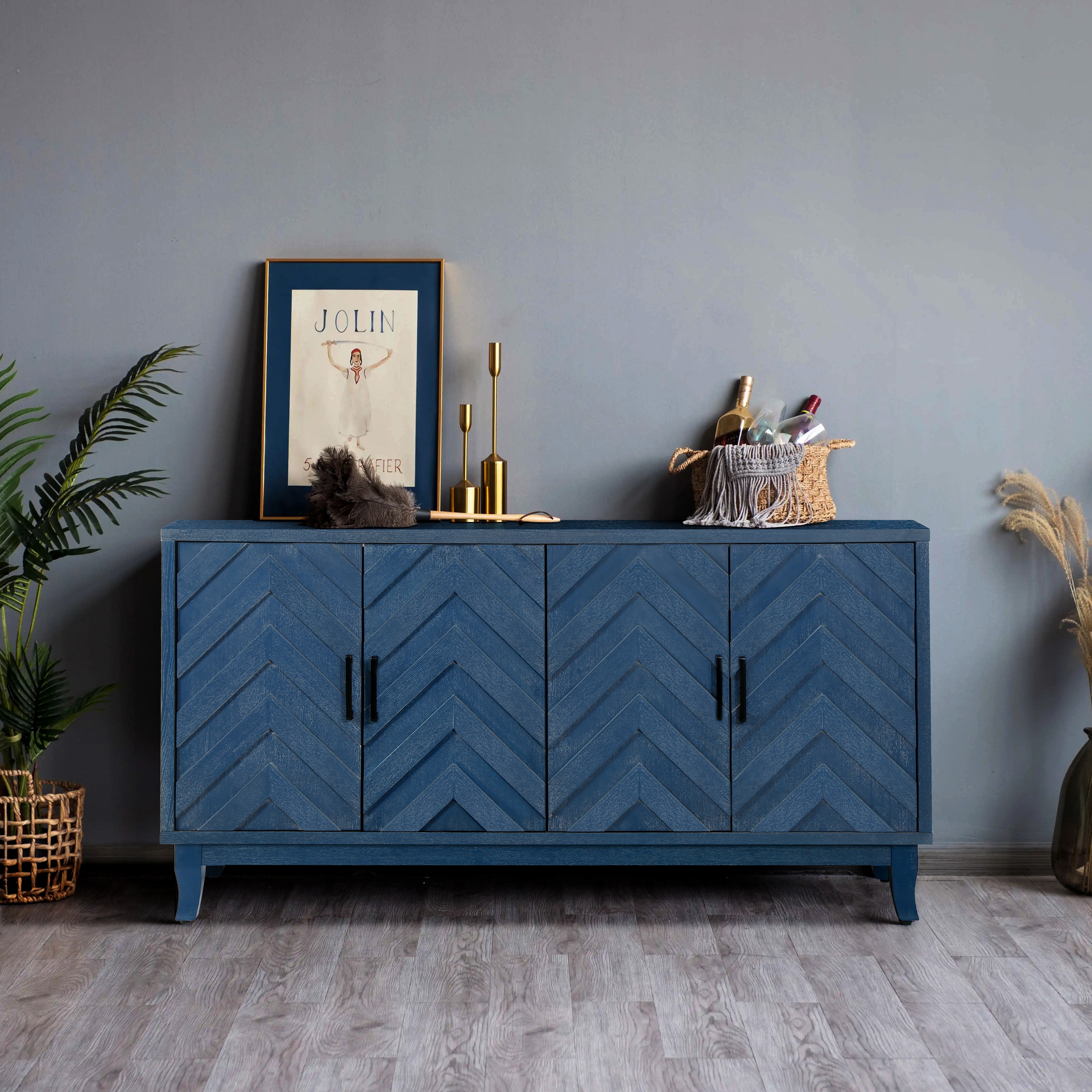LOVMOR  Retroy Vintage 4 Door Credenza Cabinet 60 inch Navy Blue Storage Buffet with M Shaped Panel Doors Solid Wood Base for Dining Room Living Room