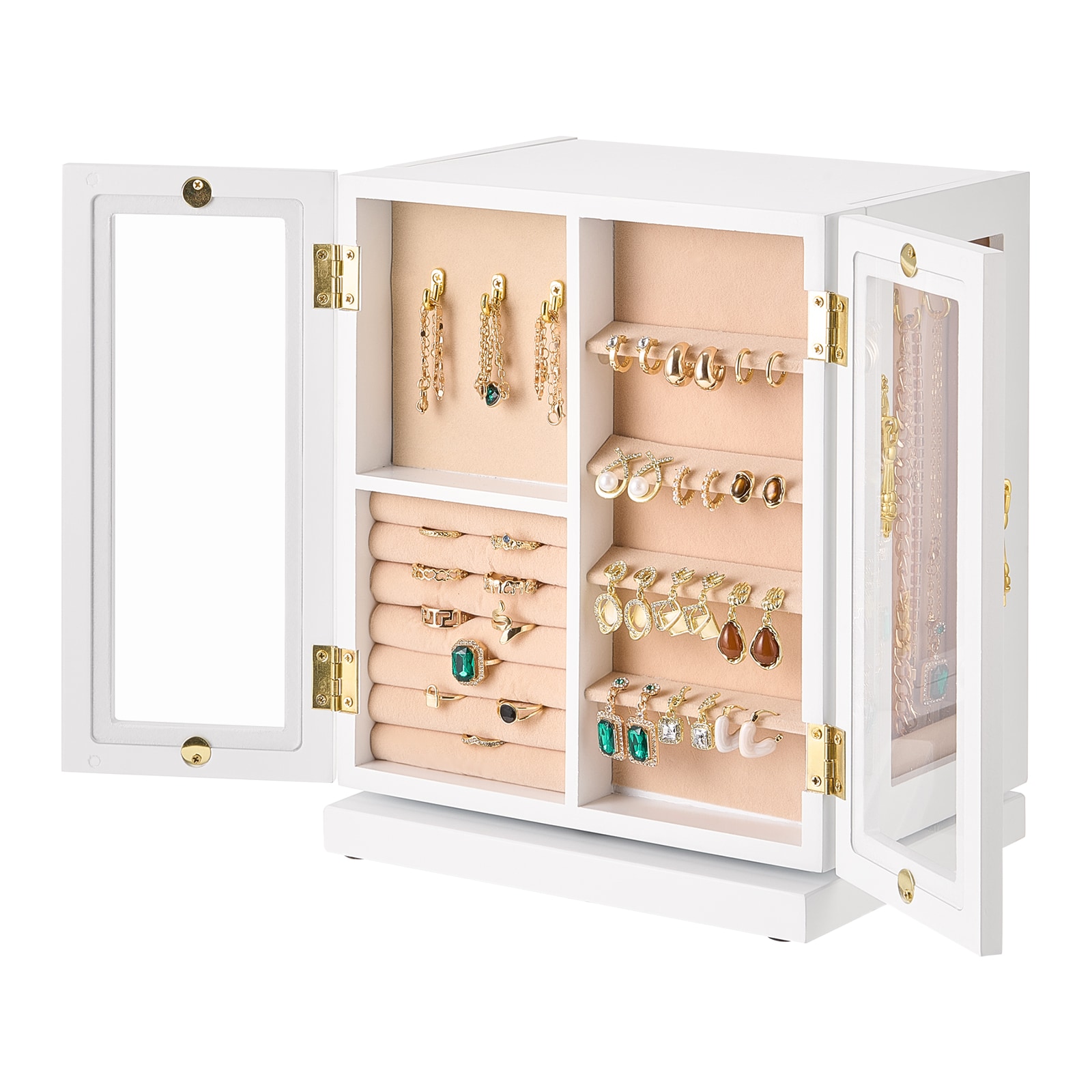 GIVIMO 360-Degree Rotating Jewelry Box Organizer 5 Drawers with Acrylic Window Velvet Lining Metal Handles and 8 Necklace Hooks Spacious Storage Case White
