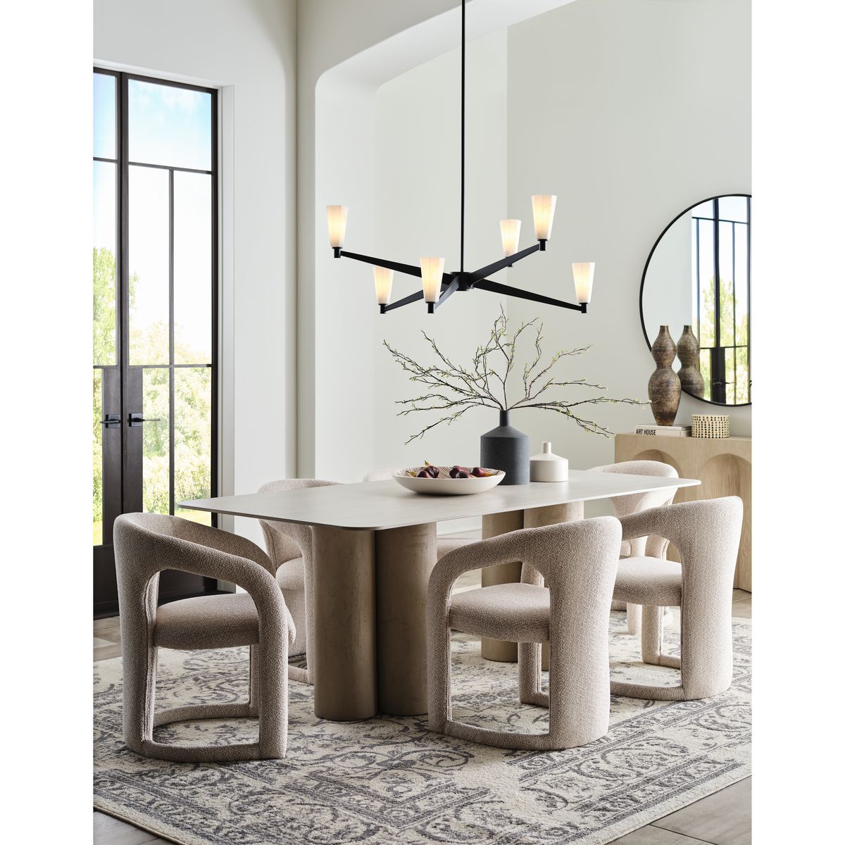Matte Black Steel 6-Light Chandelier with Faux Alabaster Shades