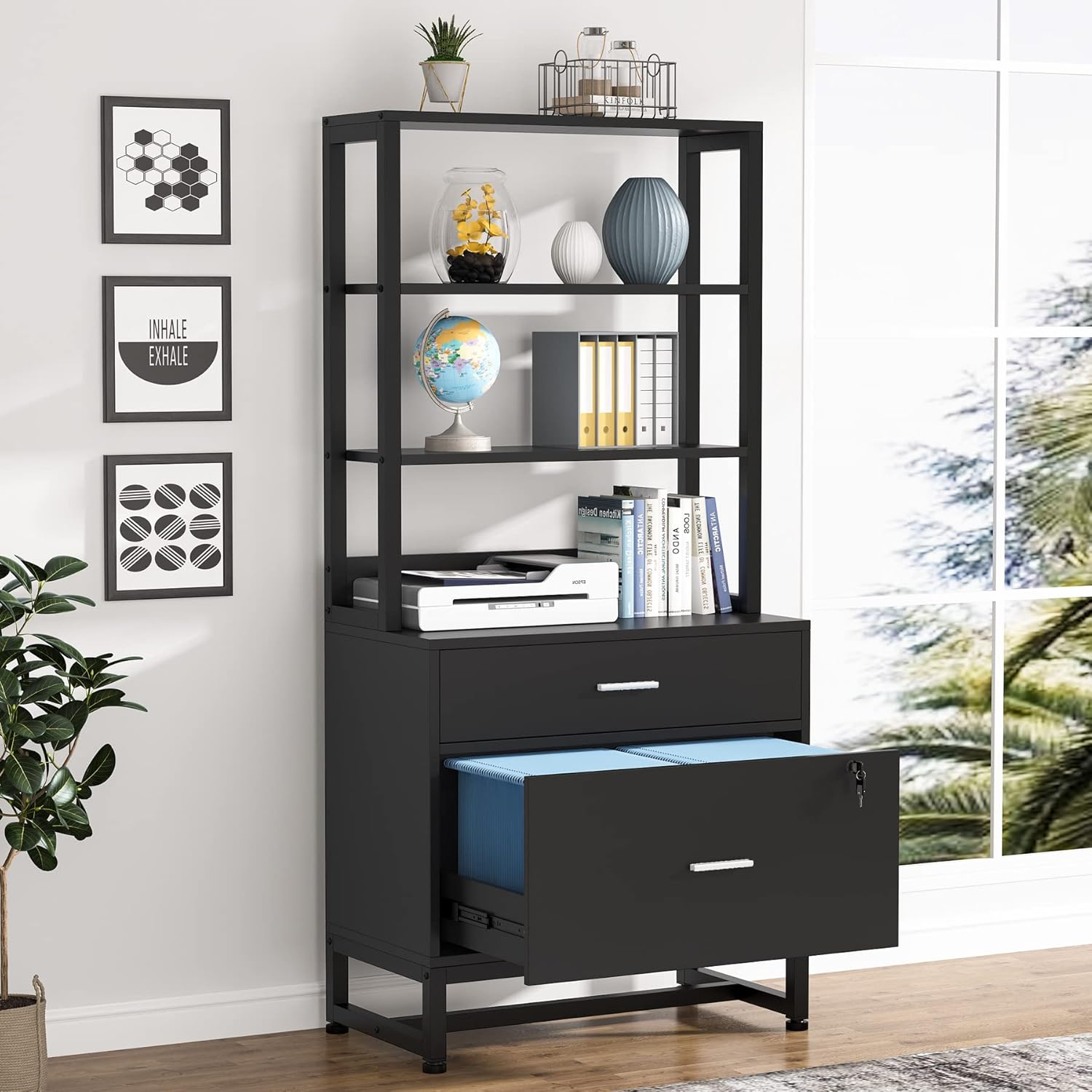 Tribesigns  2 Drawers Lateral File Cabinet with Lock Letter Size Large Modern Filing Cabinet Printer Stand with Open Storage Shelves for Home Office Black