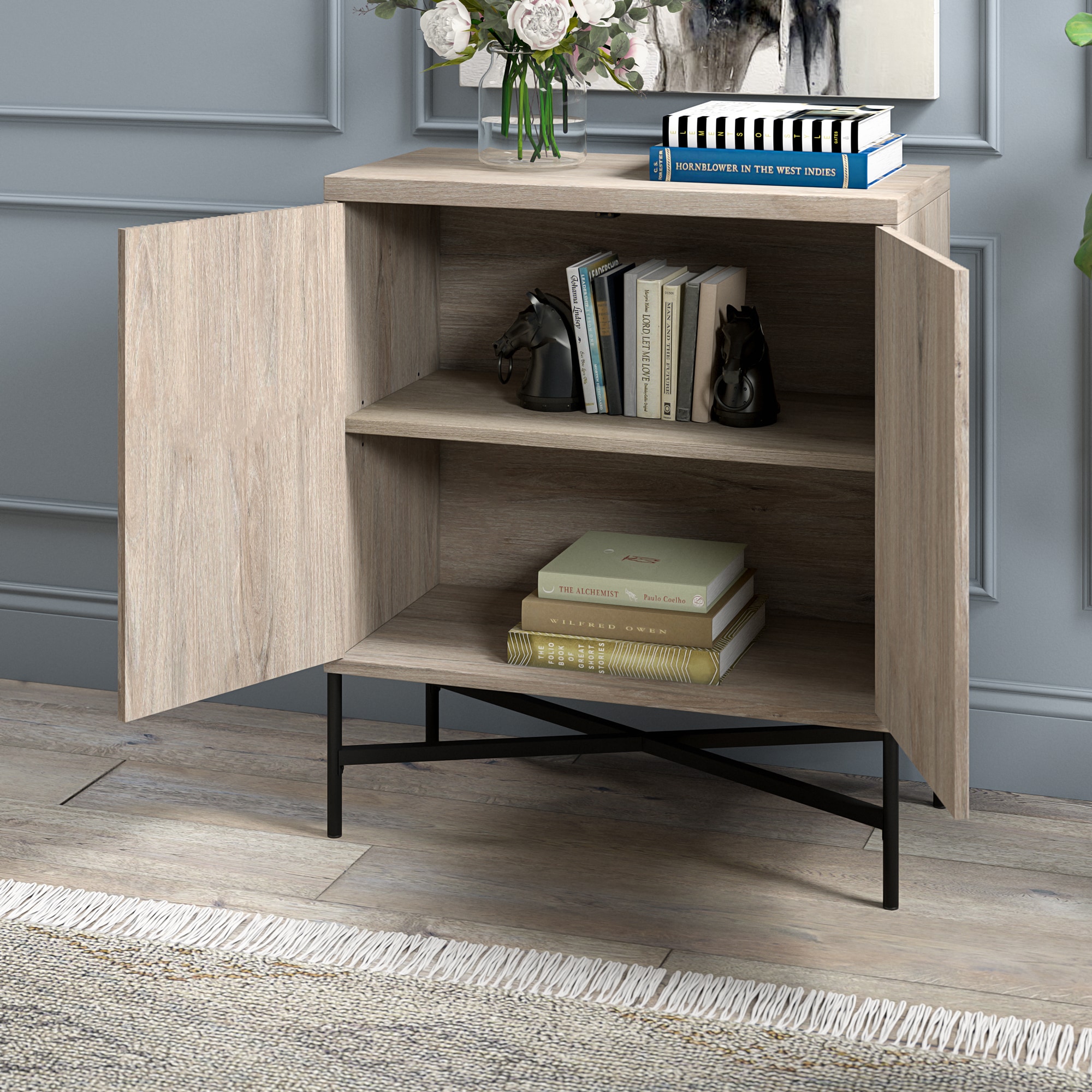 Evelyn&Zoe Brighton 28" Wide Rectangular Accent Cabinet, Antiqued Gray Oak