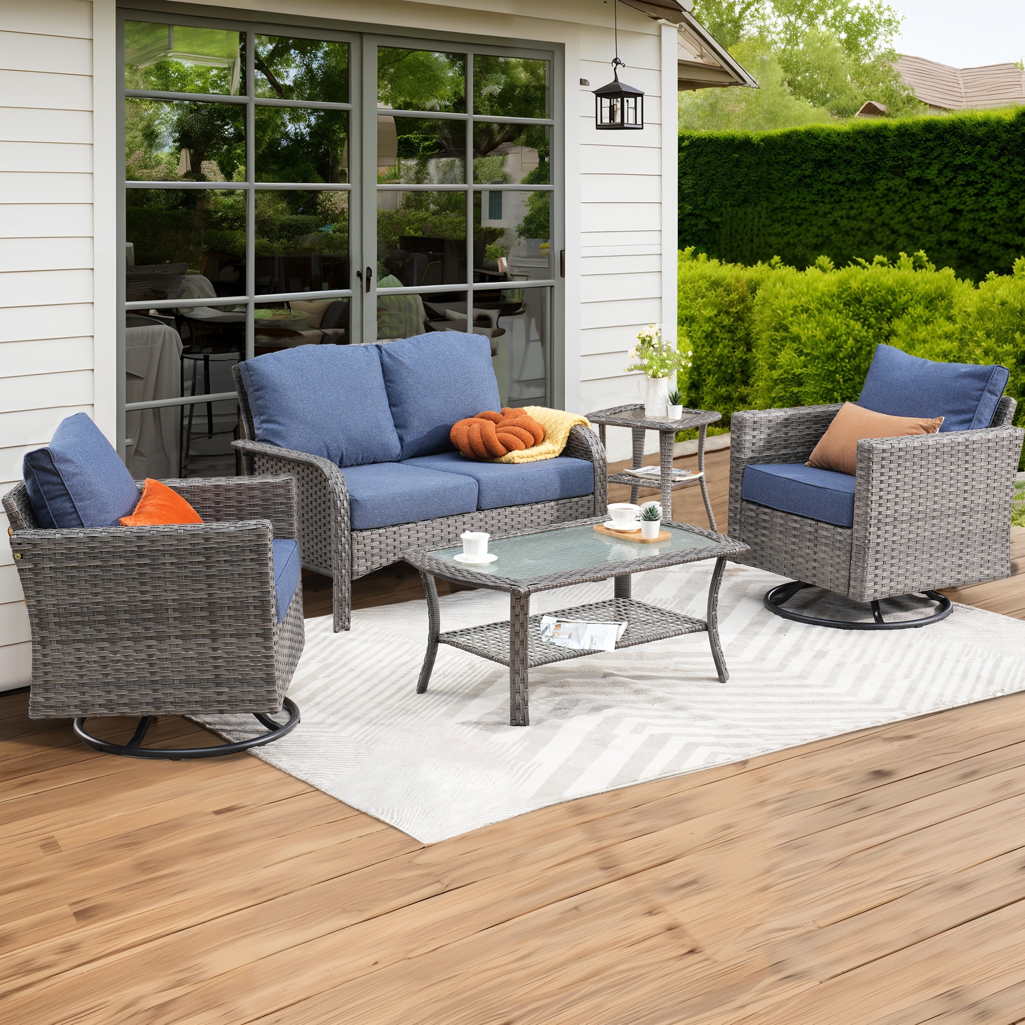weaxty HMBYZGRS-GNDS305 Initial 5 -Piece Wicker Patio Conversation Set with Blue Cushions