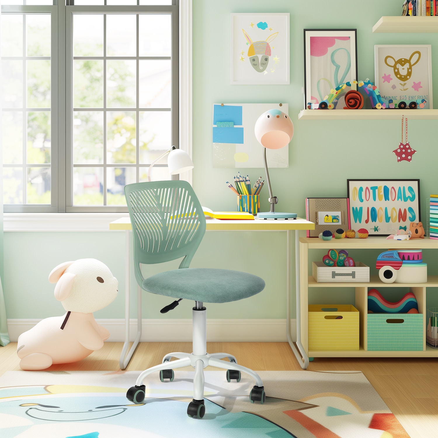 Homy Casa CARNATION AQUA VNEW Carnation Fabric Office Chair with Breathable Back Support Adjustable Height Ergonomic Swivel Comfortable Study Computer Chair in Mint Green