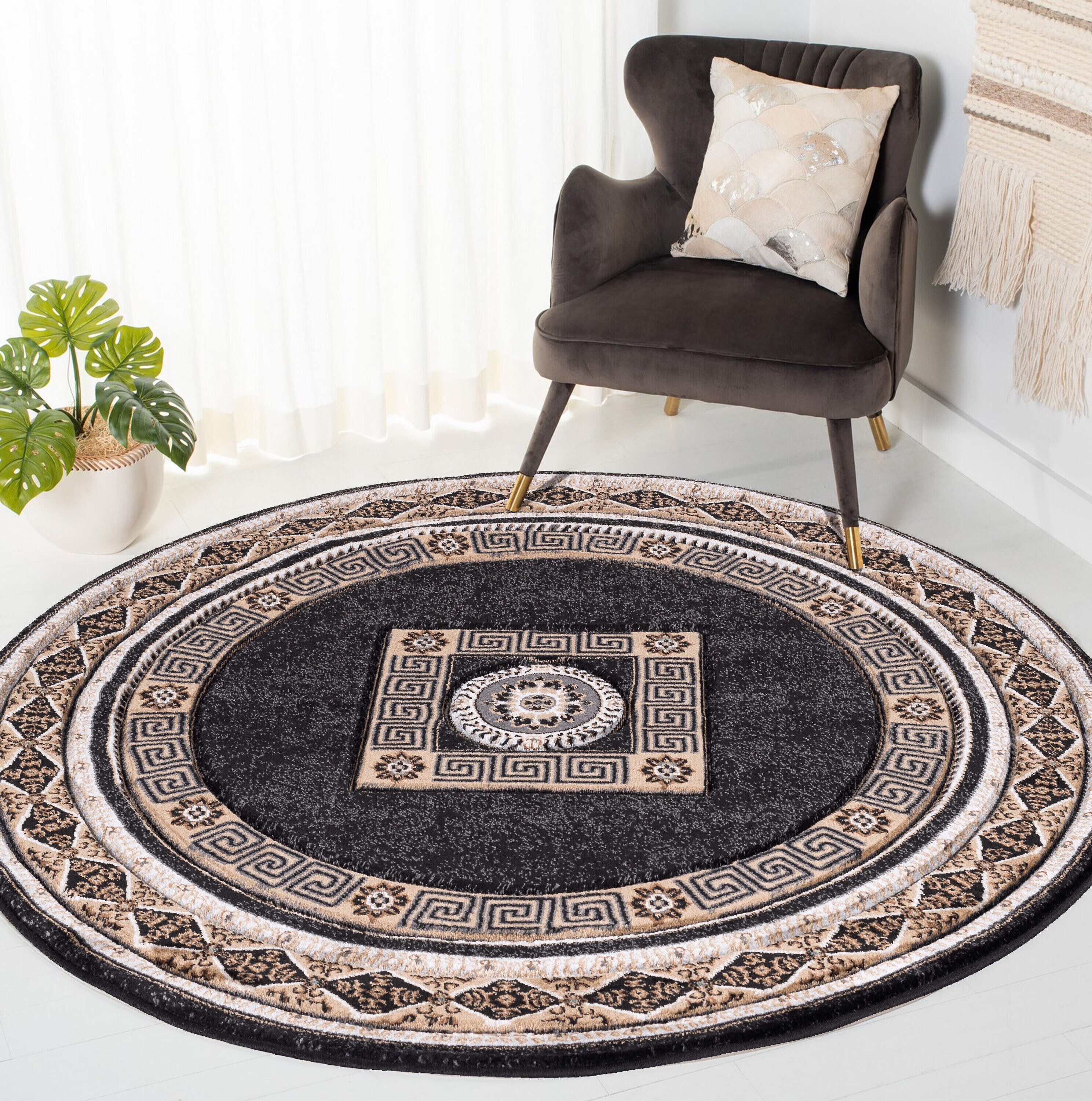 MDA Rugs GM6188 Glamour 8 x 8 (ft) Polypropylene Black/Beige Round Indoor Abstract Area rug