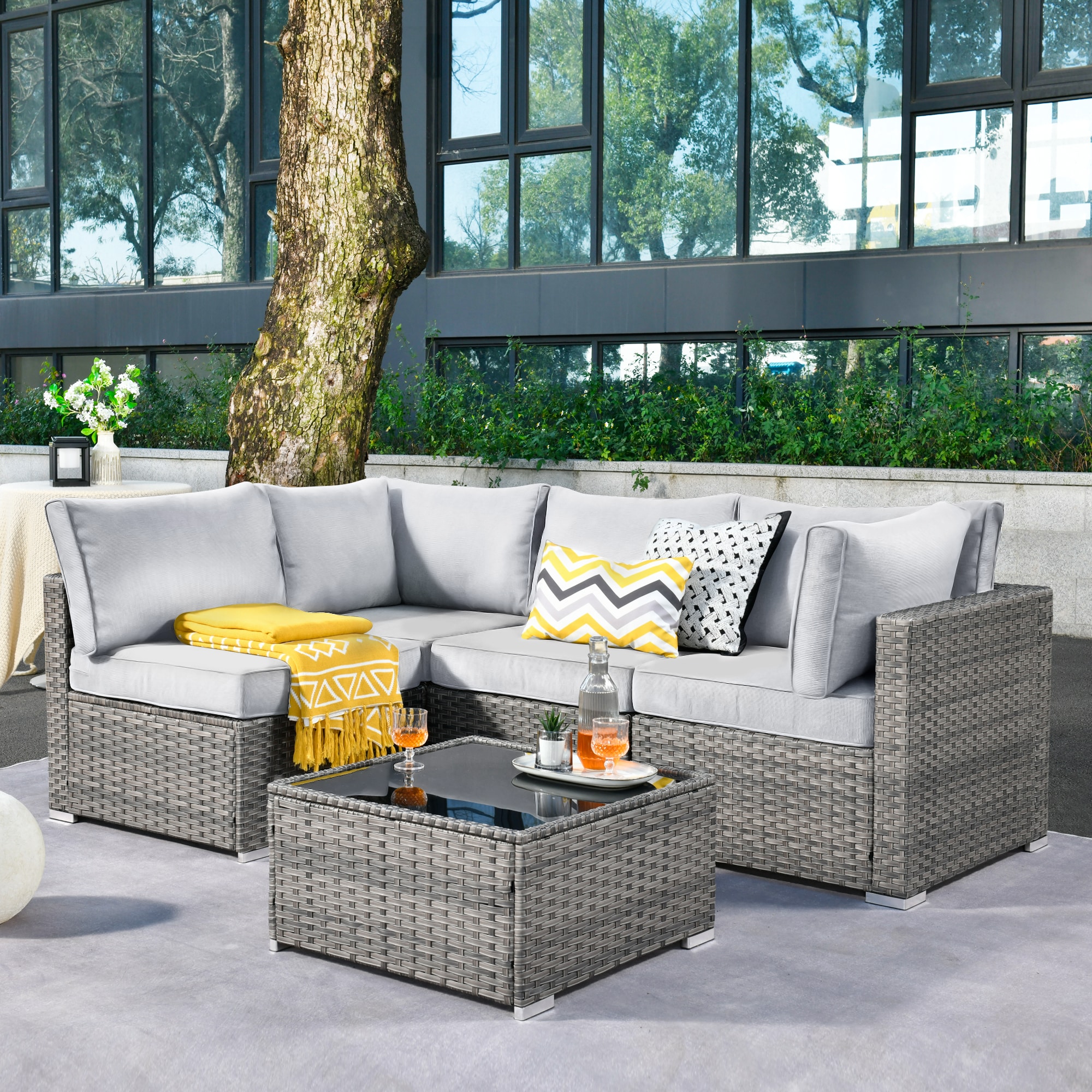 Pouuin SHOP405 Rattan Outdoor Sectional with Gray Cushions and Wicker Frame