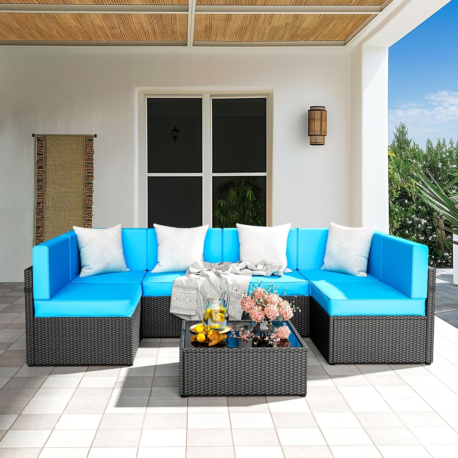  B0D2RHCH7Y 7-Piece Outdoor FurnitureAll-Weather Wicker Modular Sectional Sofa with Patio Crystal Coffee Table Adjustable Reclining Sectional Couch with Washable Removable Cushion Covers Light Blue